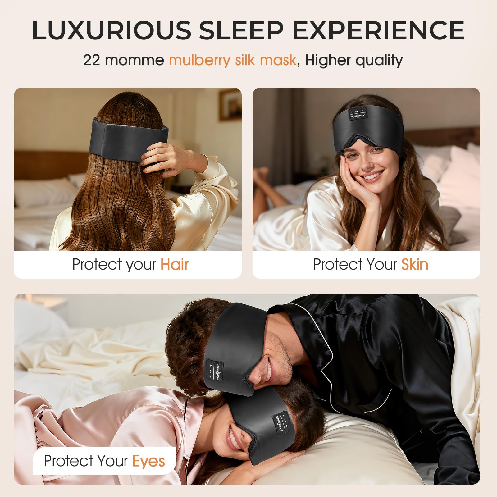 MUSICOZY Máscara de seda para dormir, con auriculares, seda de morera pura, 100 % opaco, máscara de ojos profundos 3D con auriculares