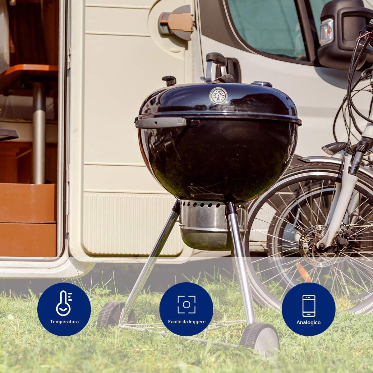 TFA Dostmann Termometro analogico per BBQ, 14.1029, per misurare la temperatura della camera di cottura, per grill/, in acciaio inox, per forno a legna, termometro per carne, termometro da cucina