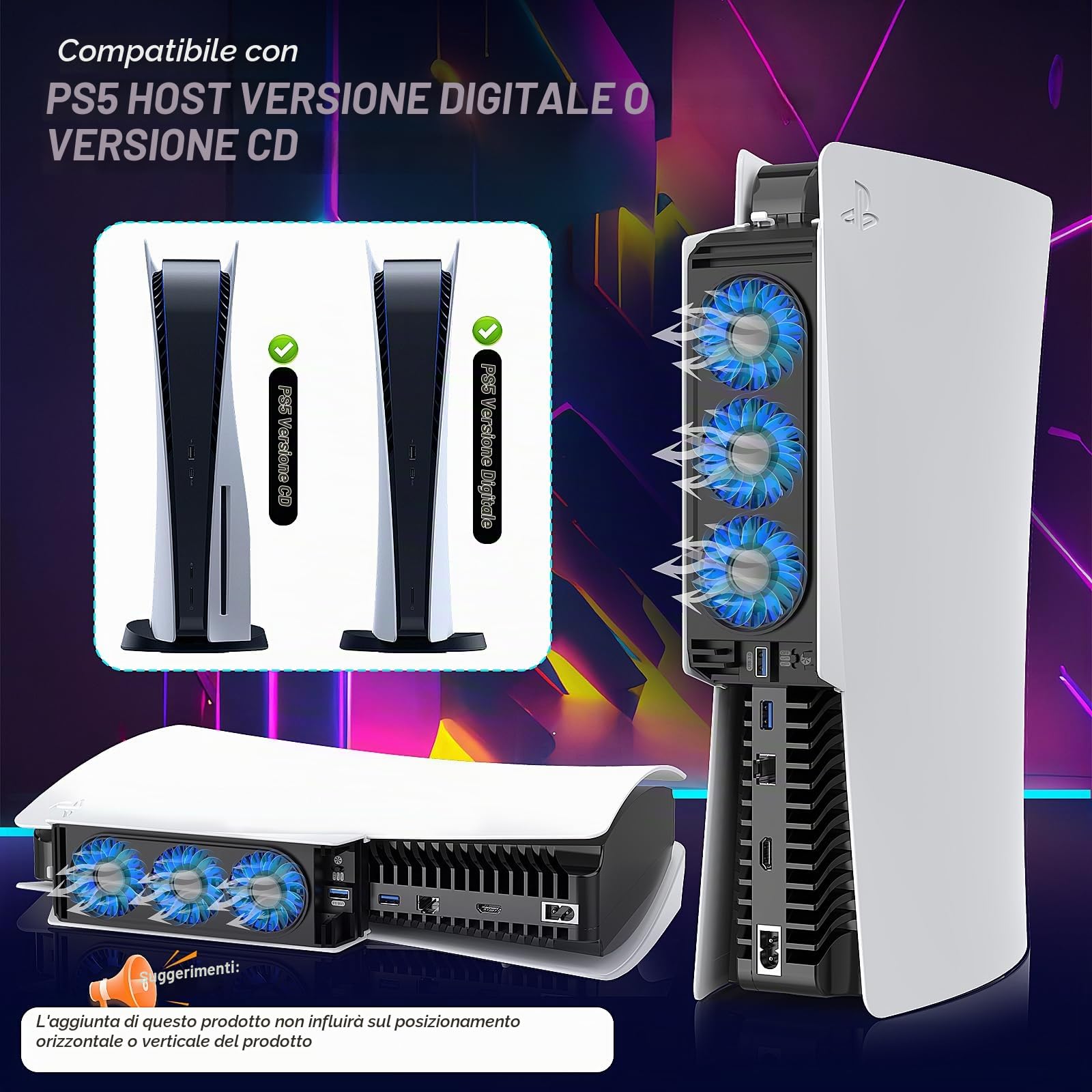 Ventola di Raffreddamento per PS5, Ventola per PS5 con Luce LED HUIJUTCHEN Silenziosa Ventola di Raffreddamento con 3 ventole e controller porta USB velocità Regolabile delle ventole (Bianco)