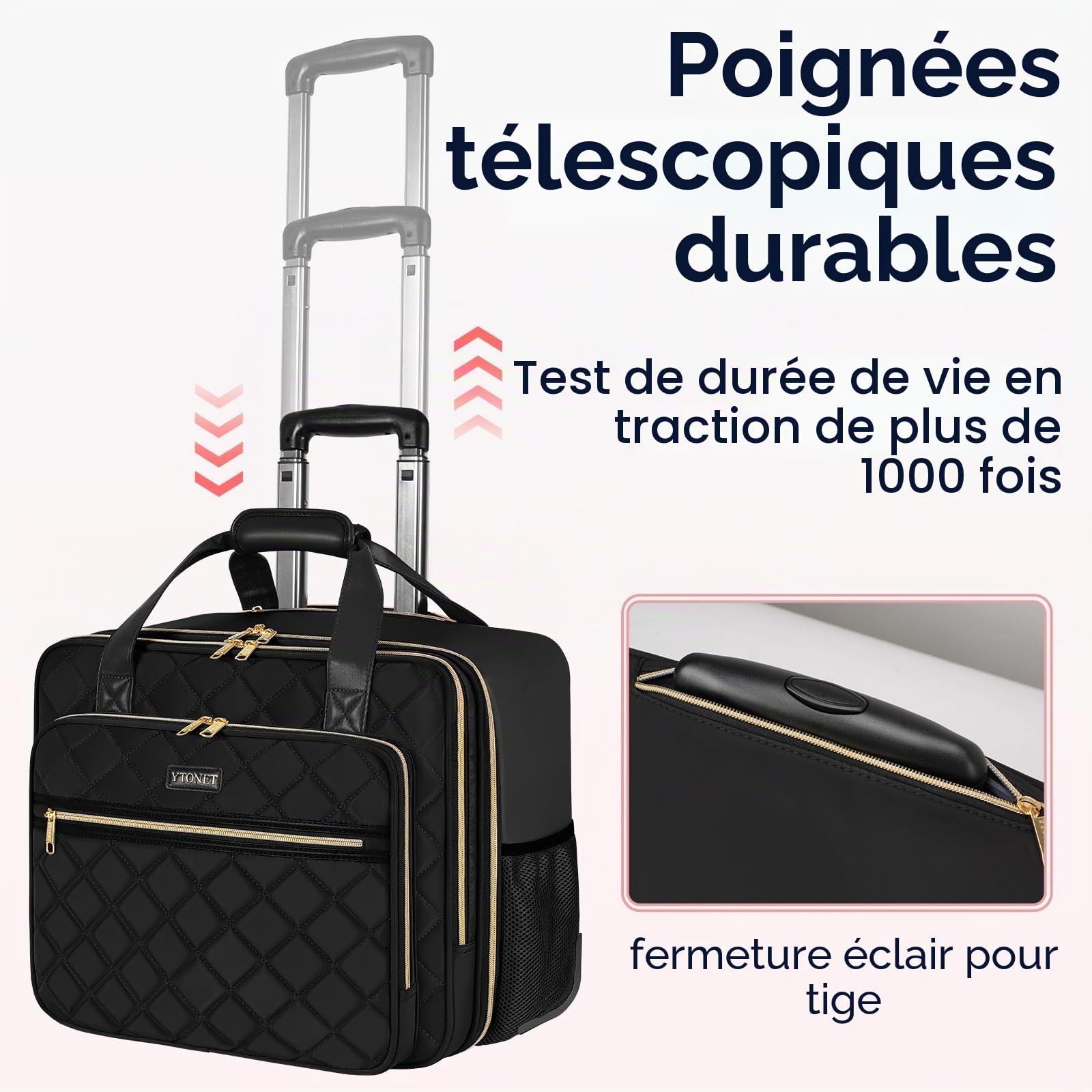 Ytonet Sac a roulettes de Ordinateur Portable Femme, Malette à roulettes pour Femmes 17.3 Pouces, Sac à roulettes pour Enseignantes 10 Poches de Rangement, comme Cadeau pour Mère, Enseignante, Noir