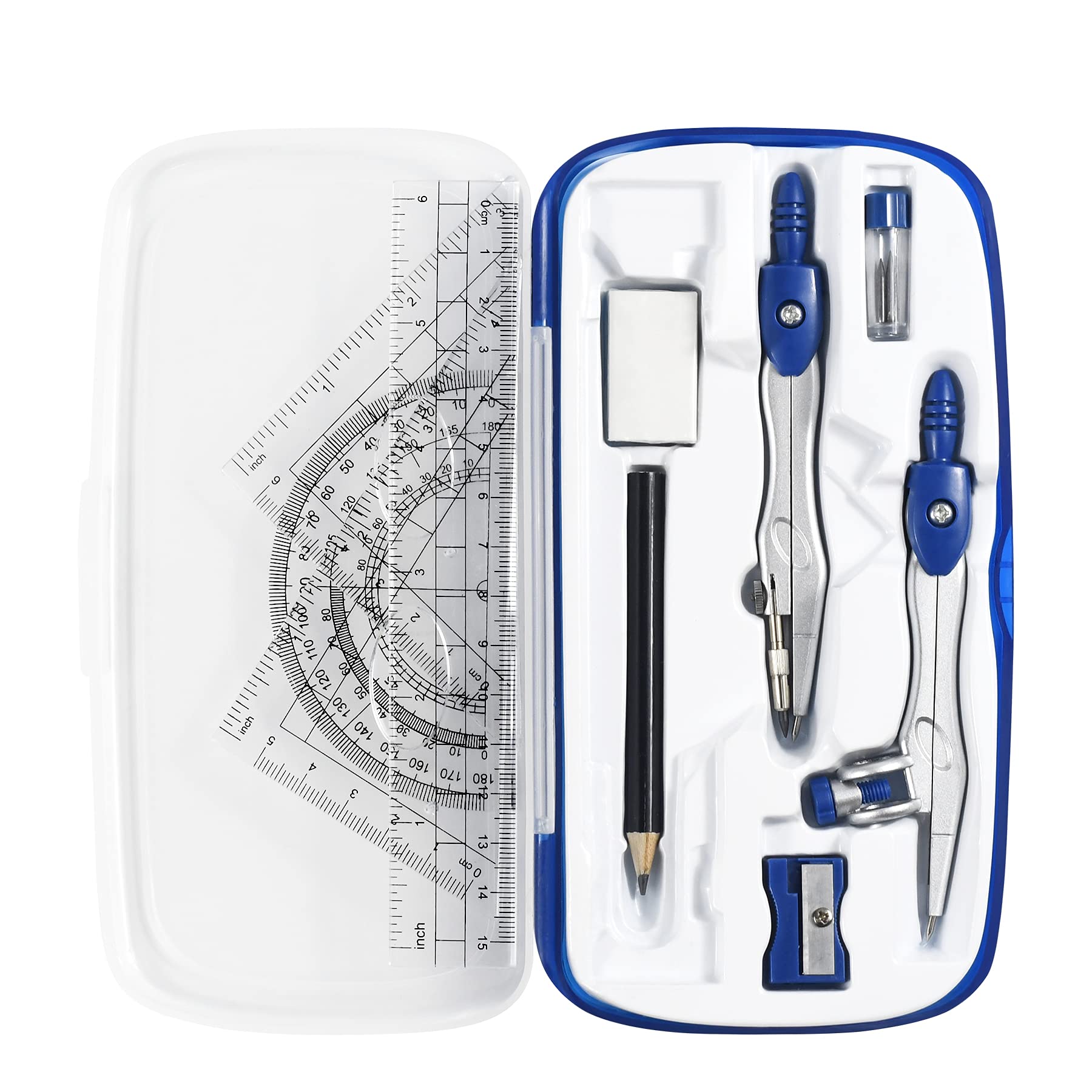 Vobou Math Geometry Kit Sets 10 Piece Student Supplies with Shatterproof Storage Box,Includes Rulers,Protractor,Compass,Eraser,Pencil Sharpener,Lead