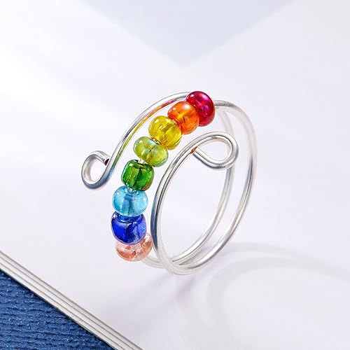 Miniatura 6 de Anillo antiestrés con texto en inglés "To My Daughter Drive Away Your Anxiety Rainbow Colorful Beads Adjustable Open Stacking Relief Spinning Anti