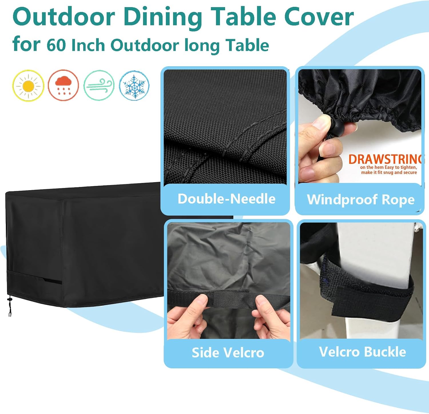 Oslimea Outdoor Dining Table Cover 60 inch Rectangle Patio Dining Table Covers Waterproof Furniture Covers, Windproof, UV Resistant and All Weather Resistant, 60 x 38 x 28 inch, Black