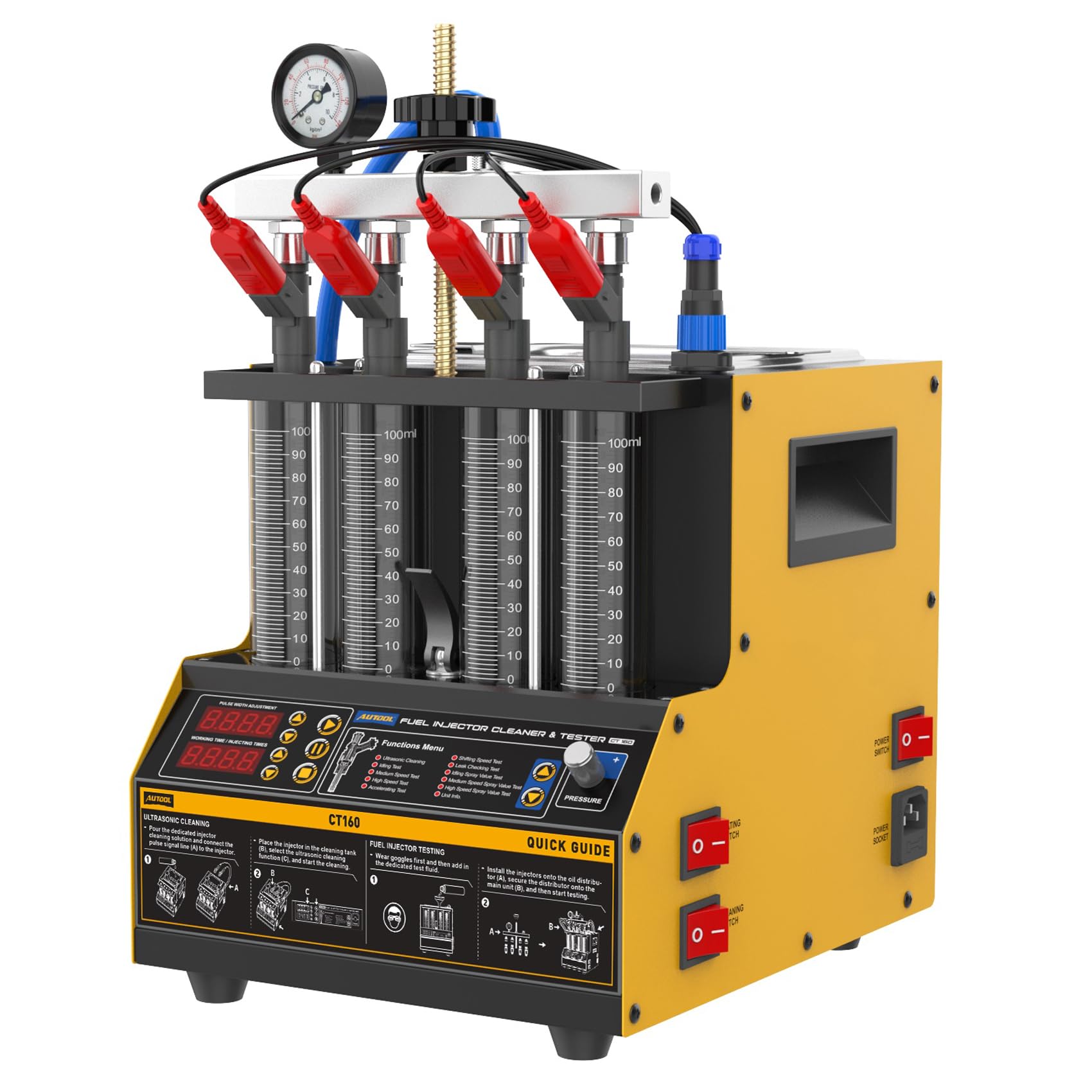 Fuel Injector Cleaner Tester, 4 Cylinder &amp; 2L Ultrasonic Injector Cleaner and Tester Machine with Cleaning Fluid Heating, 5 Adapters, 9 Testing Functions for Automotive &amp; Motorcycle, 110V/220V, CT160