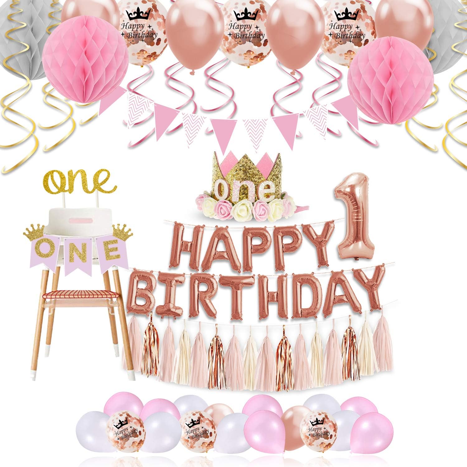 1st Birthday Girl Decorations Princess Theme - 85 Piece First Birthday Decorations Girl Kit Pink/White/Rose Gold. ONE Cake Topper, First Birthday Highchair Banner, Crown, Balloons