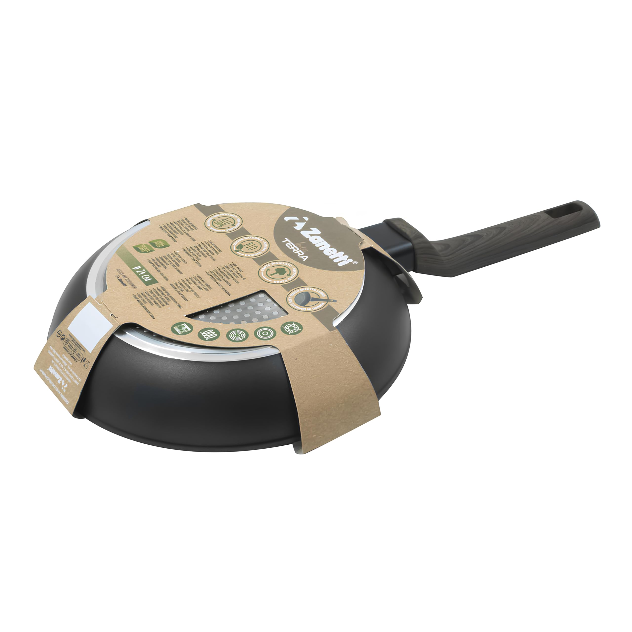 Zanetti, Padella Forgiata Alto Spessore TERRA, Padella Antiaderente in Alluminio, Adatta a Tutti i Piani Incluso Induzione, Manico Soft Touch Effetto Legno, Diametro 18 cm, Packaging 100% Riciclato