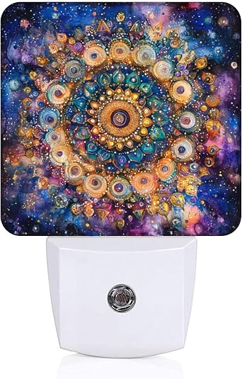 Square LED Night Lights Lamp with Dusk to Dawn Sensor, Cosmic Mandala in Blues Night Light Plug Into Wall for Kids Room, Bedroom, Bathroom, Kitchen, Hallway