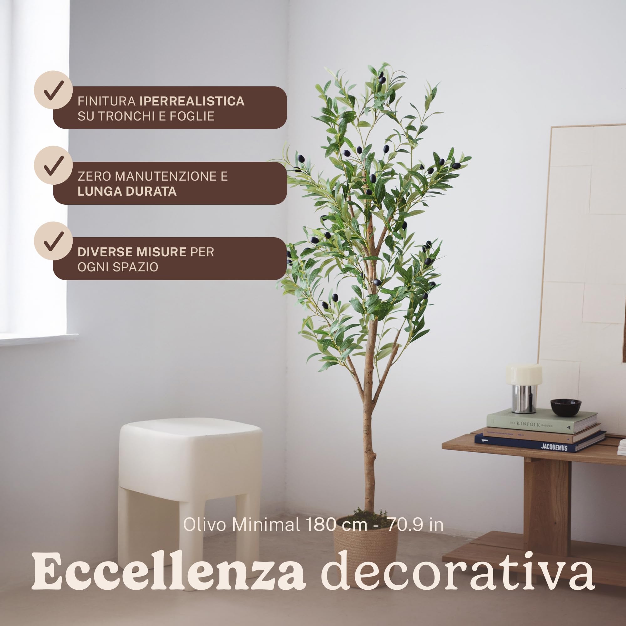 MAIA SHOP Olivo artificiale 180 cm Minimal, pianta finta grande da interno con tronco naturale, albero decorativo realistico per arredare casa ufficio e hotel