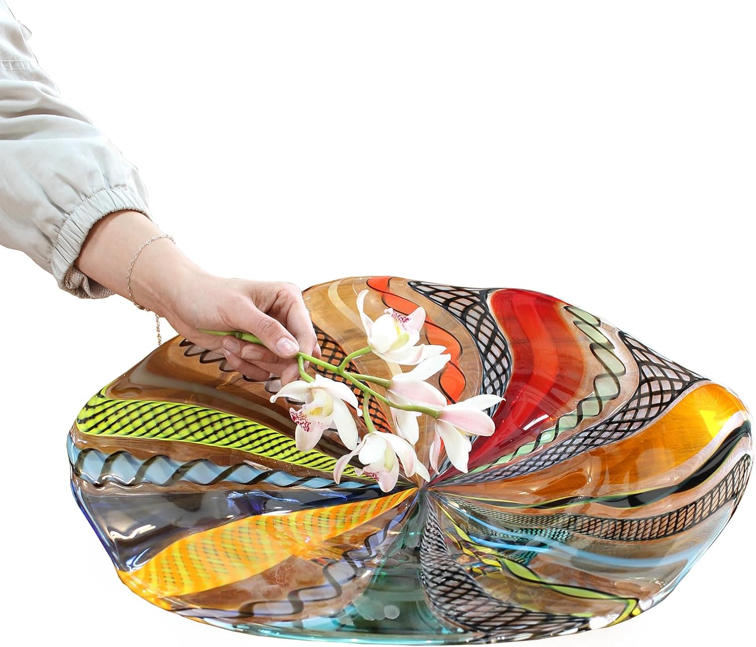 Ca D Oro Centerpiece Large Bowl Boho with Colored Canes Hand Blown Murano-Style Art Glass for Decor and Centerpieces - Center G