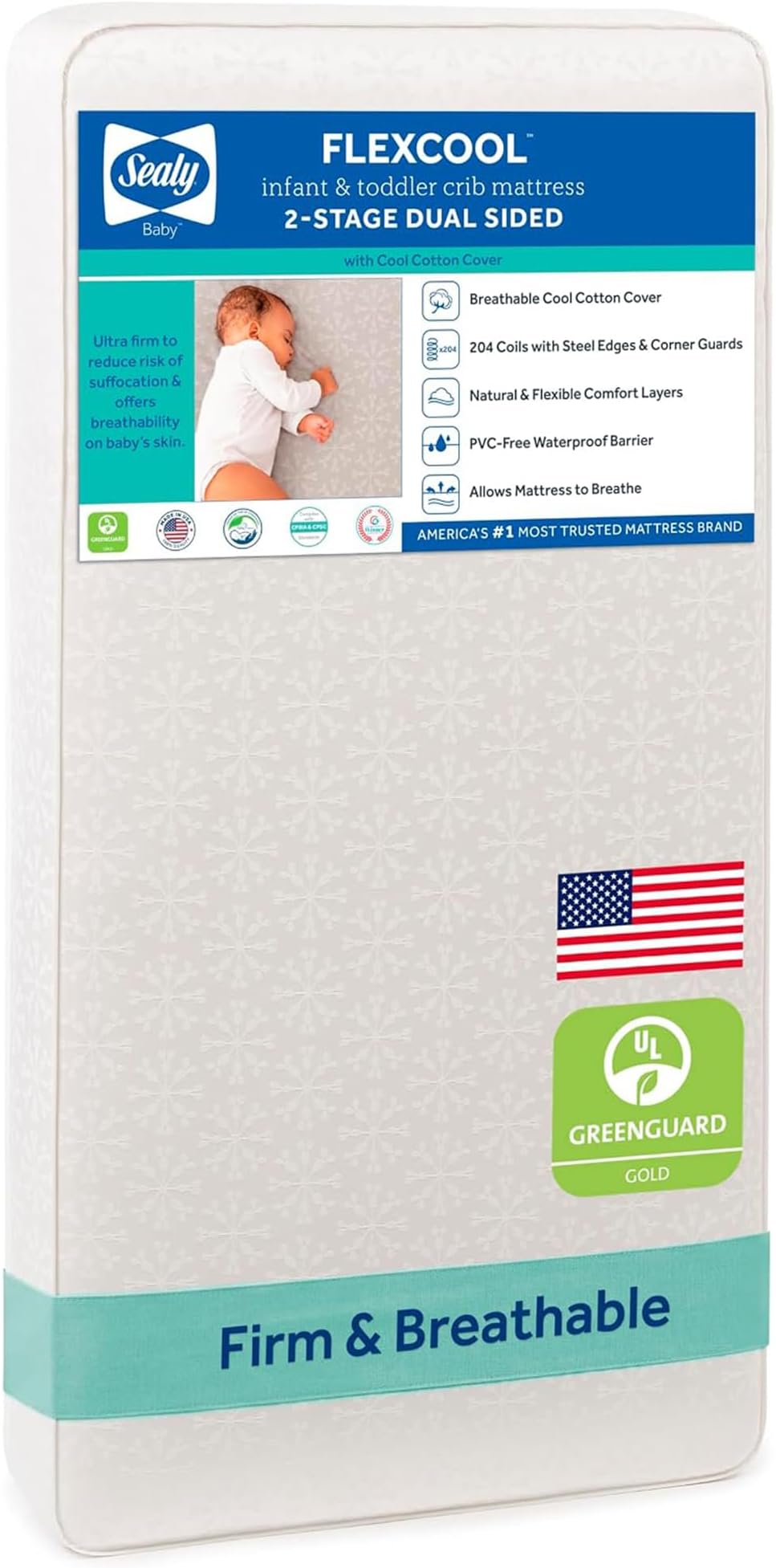 Sealy Baby Flex Cool 2 Stage Crib Mattress and Toddler Bed Mattress, Breathable Hybrid Coil Design, Waterproof Cotton Surface, GREENGUARD Gold Certified, Standard 52x28 Size