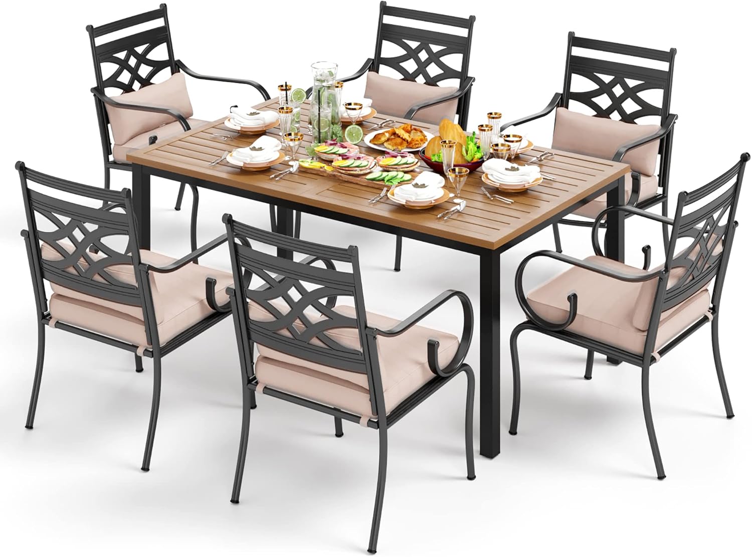 PHI VILLA Outdoor Dining Chairs and Table Set, 7 Piece