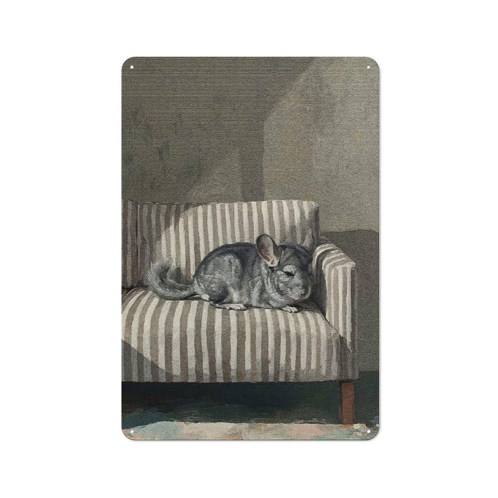 Junmoney Style-18 Retro Metal Plaque 30X20cm Featuring Chinchilla Resting On Striped Chair For Workshop Wall, For Metal Sign Collectors, For Garage And Workshop Walls