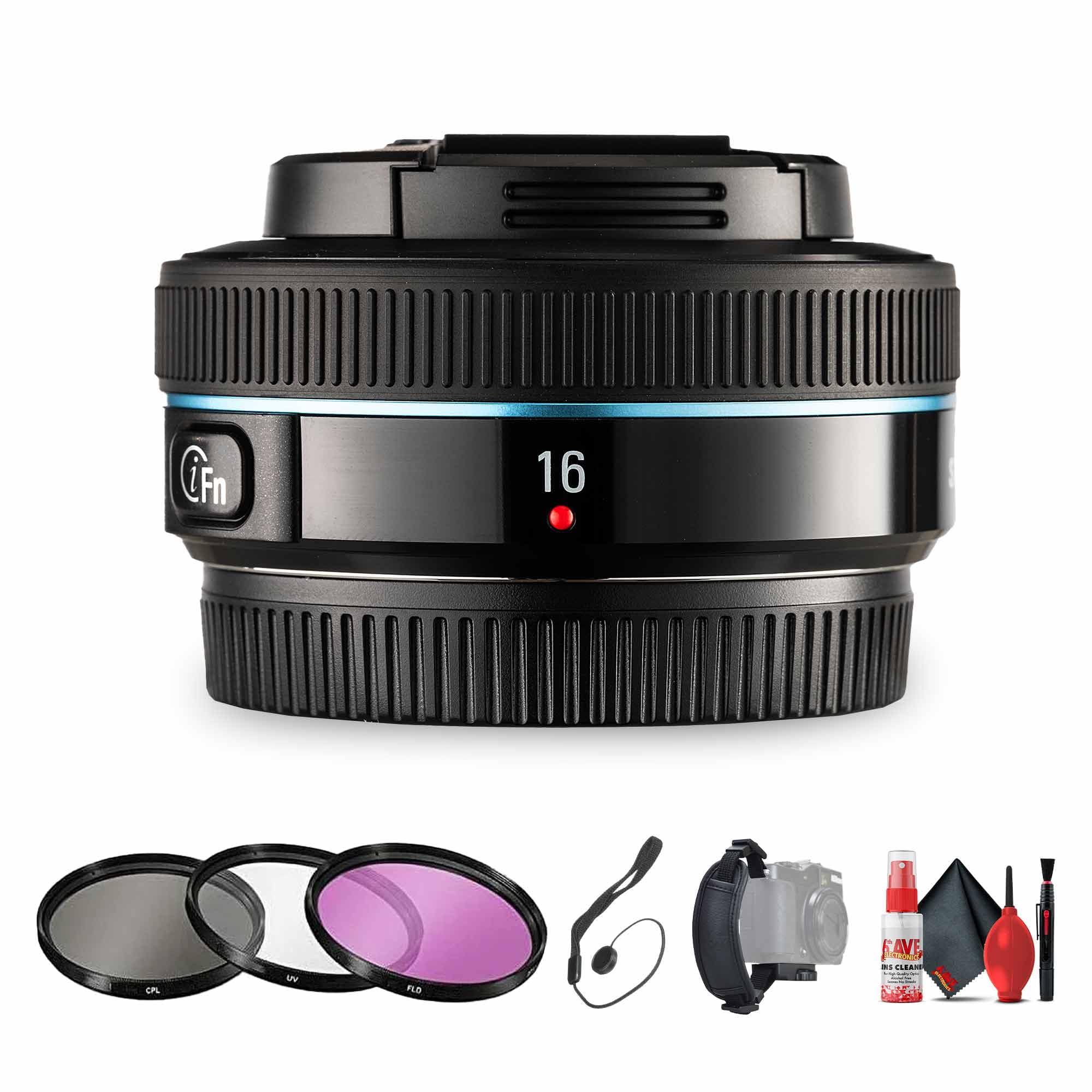 Samsung 16mm F/2.4 (Black) Bundle Including: 3 Piece Filter Kit, Cleaning Kit, Hand Strap, Lens Cap Keeper