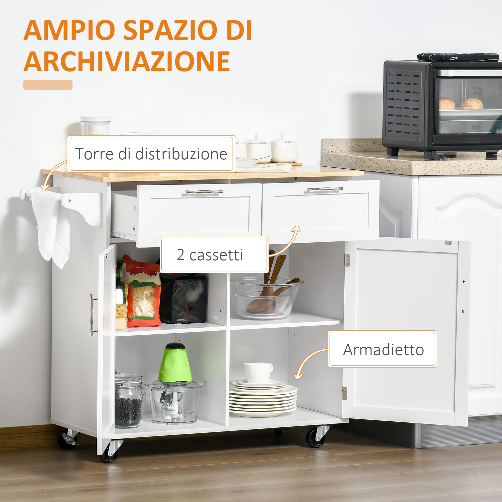HOMCOM Isola Cucina con Piano di Lavoro in Legno di Caucciù, Carrello Cucina con Ruote, 2 Cassetti, Armadietto, Ripiani Regolabili e Porta Asciughini, in Legno MDF, 104x46x91cm, Bianco