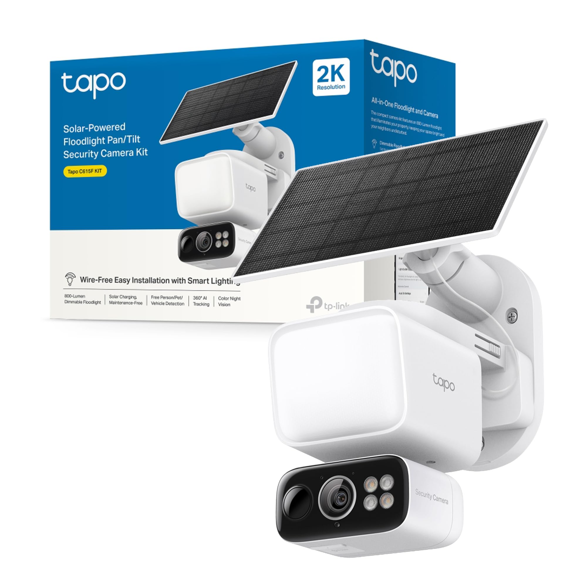 Tapo C615F KIT Telecamera Wi-Fi Esterno Senza Fili con Pannello Solare/Faro, Pan/Tilt, 2K 3MP, Rilevamento AI Persone/Animali/Veicoli, Tracking 360°, Visione Notturna a Colori