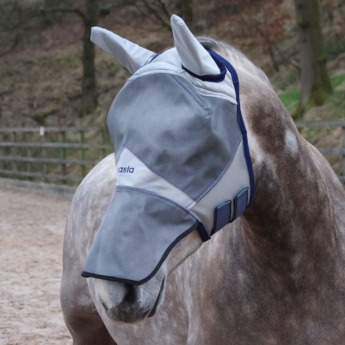 Masta Equine Fly Mask - Face & Nose Coverage, Eye Clearance, Durable Mesh, Midge-Proof, UV Protection, Adjustable Fit & Soft Fleece Edge - Horse Comfort Design with 70% UV Blocking - Cob - Grey