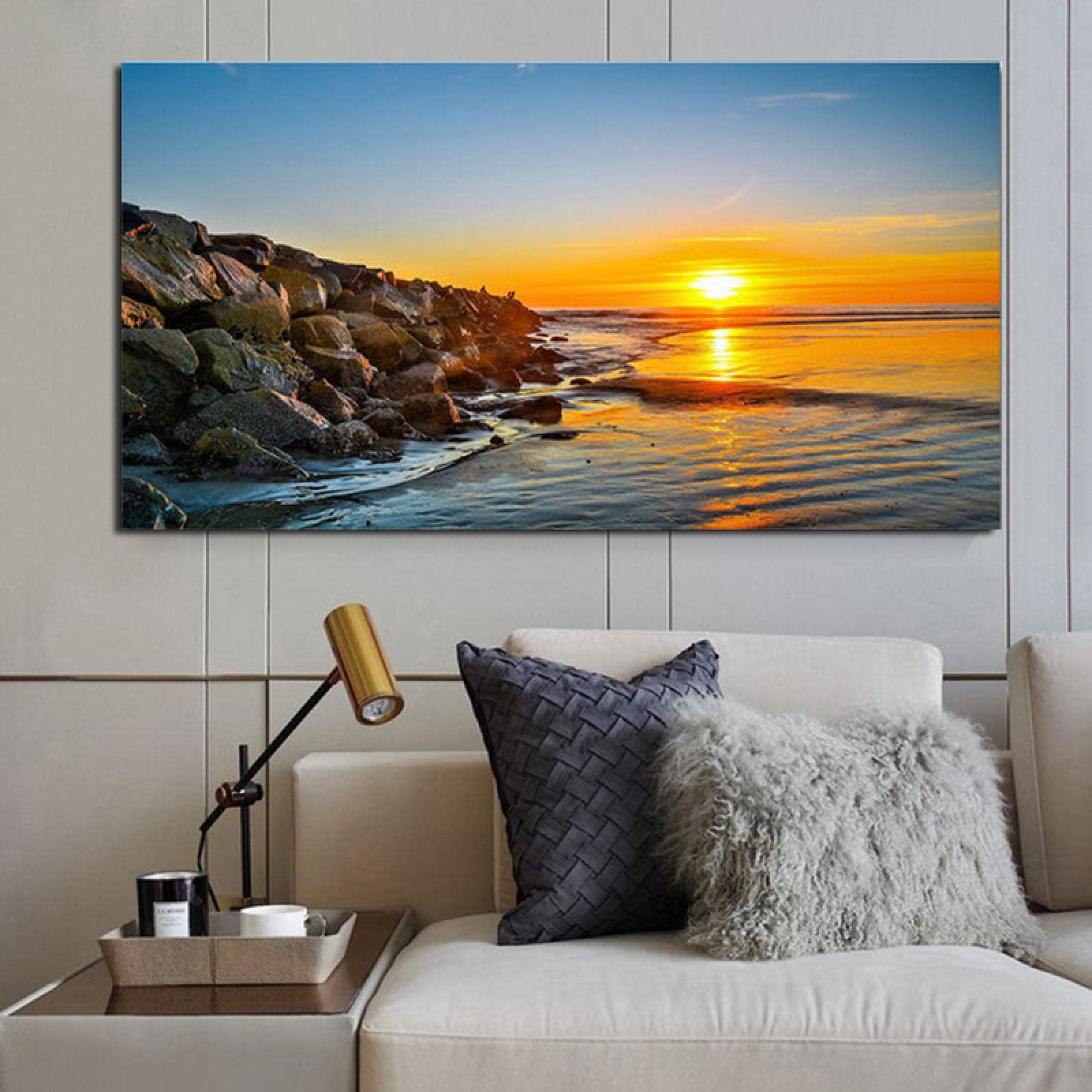 Yooyu Cuadros Grandes Sunset Beach Paisaje marino Arte de la pared Montaña Lienzo Pintura Carteles e impresiones Decoración para sala de estar Cuadros modernos 50x100cm Marco interno