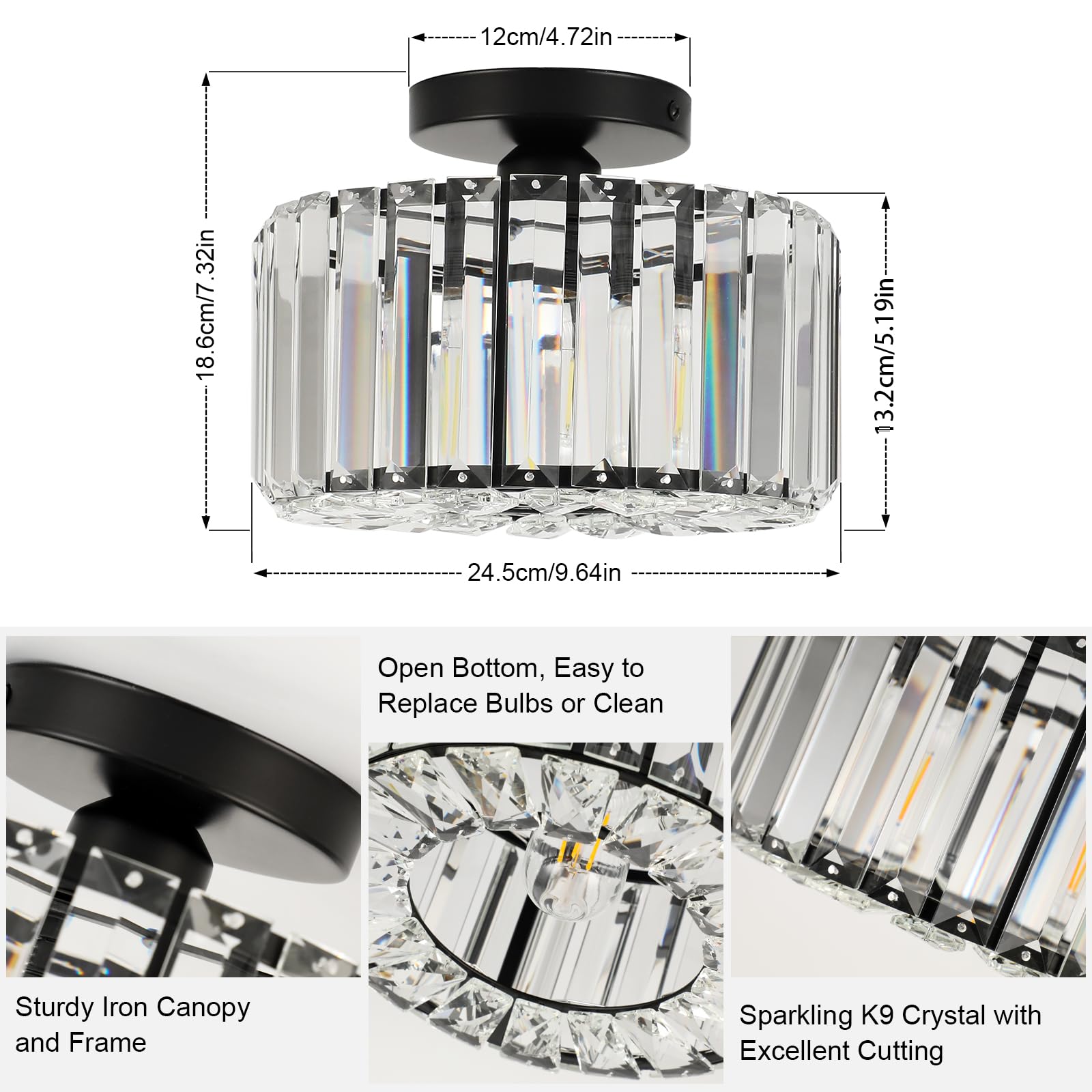 Kristall Deckenleuchte Ø245mm, Kronleuchter Schwarz mit Metall Rahmen Lampenschirm, Sockel E27 Deckenlampe, Moderne Lampe für Schlafzimmer Wohnzimmer Flur Küche Esszimmer