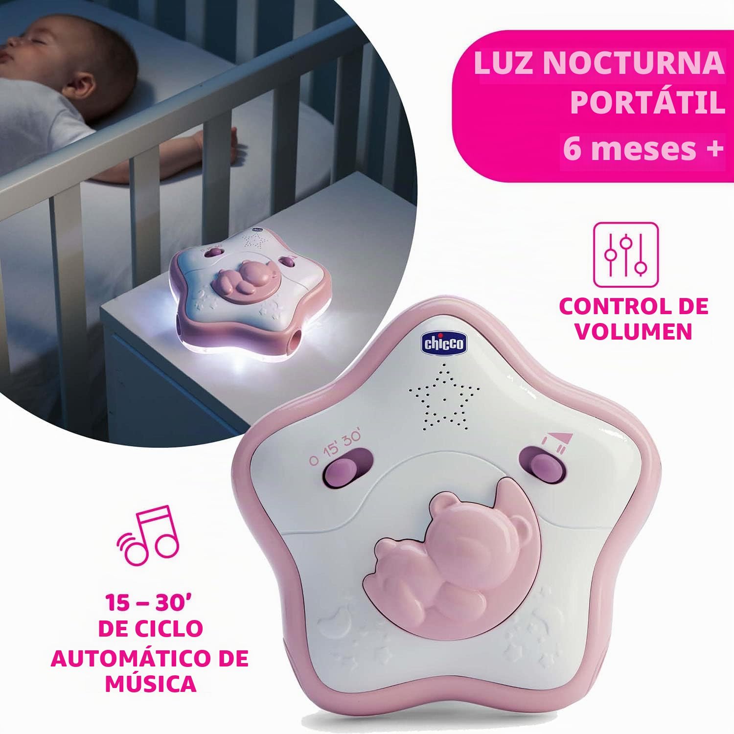 Chicco Rainbow Sky, Arco de Desarrollo 2 en 1 Compatible con la Cuna Next2Me, Panel de Cuna con Arco Iris y Luz Nocturna con Música Relajante y Colgantes, Juguetes Bebés de 0+ Meses, Rosa
