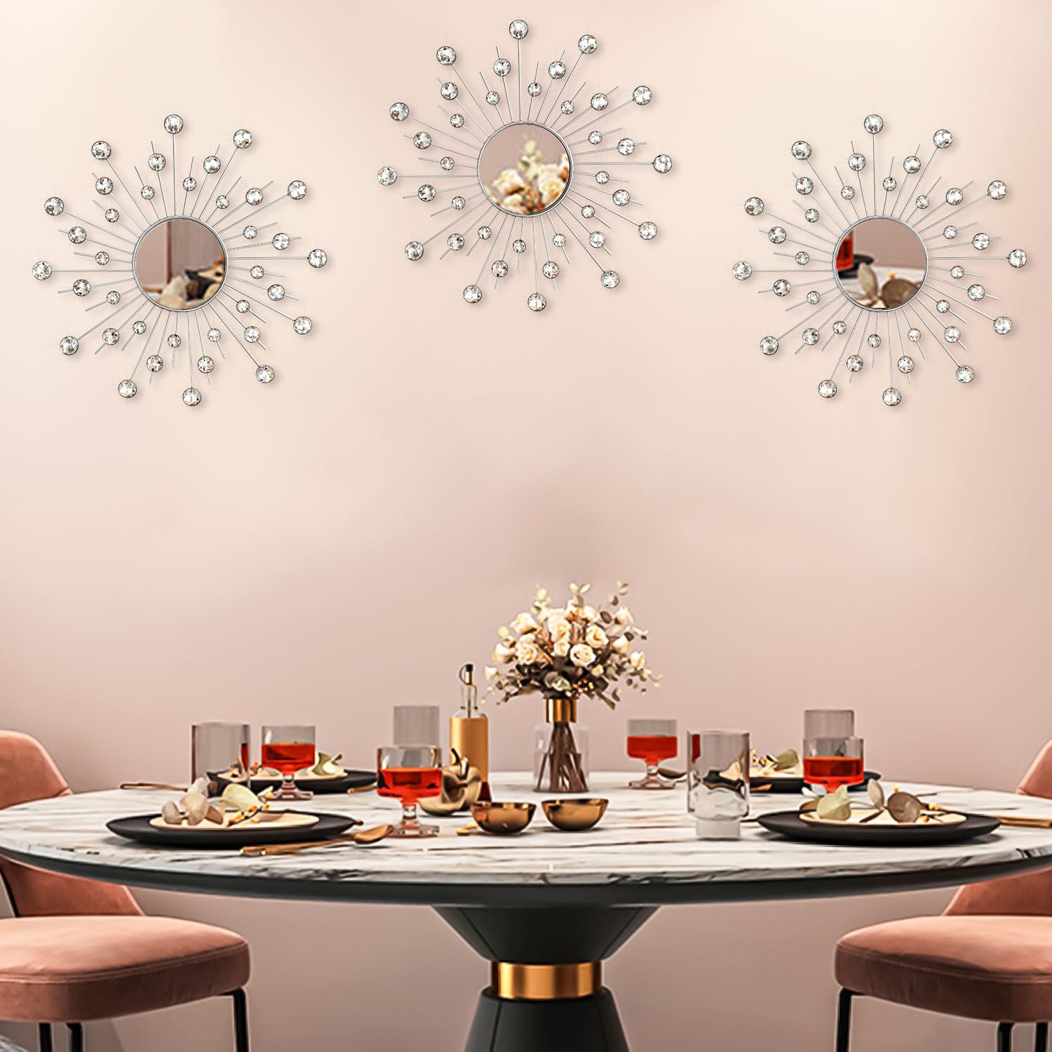 Uaussi Kristall-Sonnenspiegel, Dekoration, Strass-Spiegel, dekorative Wandkunst für Wohnzimmer, Schlafzimmer, Eingangsbereich, 3 Stück (Kristalle, Silber)