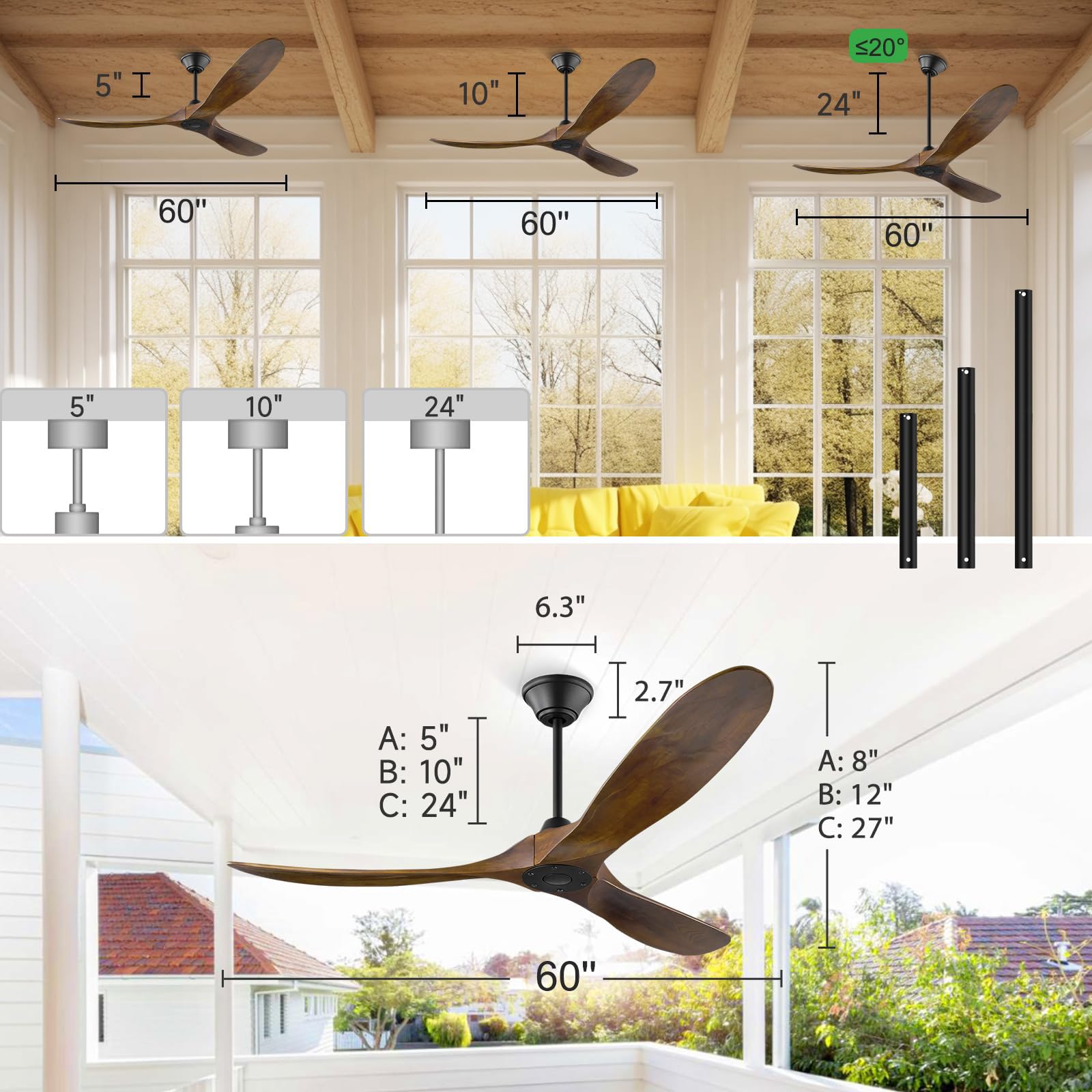 Ventilador de techo de 3 aspas con mando a distancia/Funciones Verano Invierno, Silencioso/Temporizador 1/4/8h/ Función Memoria (Ventilador de techo nogal sin luz, 152CM)