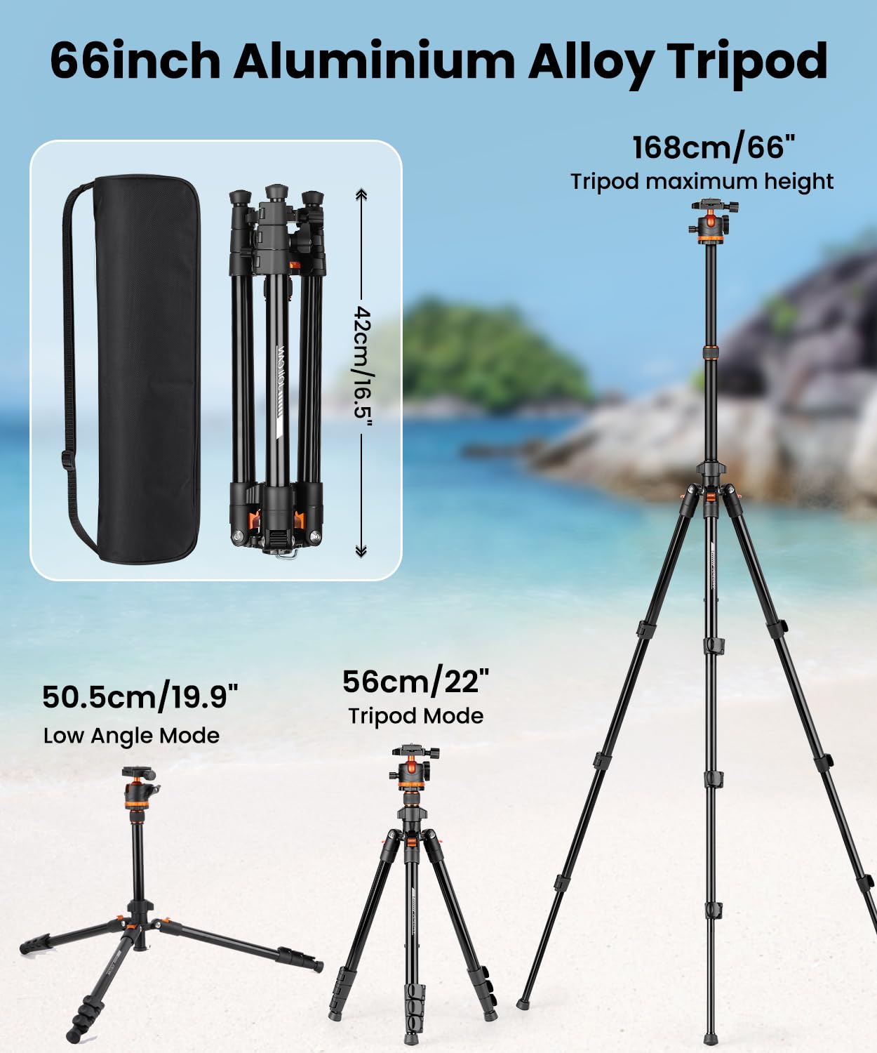 JOILCAN Treppiede Fotocamera di Alluminio, Treppiede da Viaggio Compatto 168cm per Canon Nikon Sony Videocamera DSLR, Treppiedi Smartphone per iPhone, Testa Sferica 360°, Carico Max 8KG