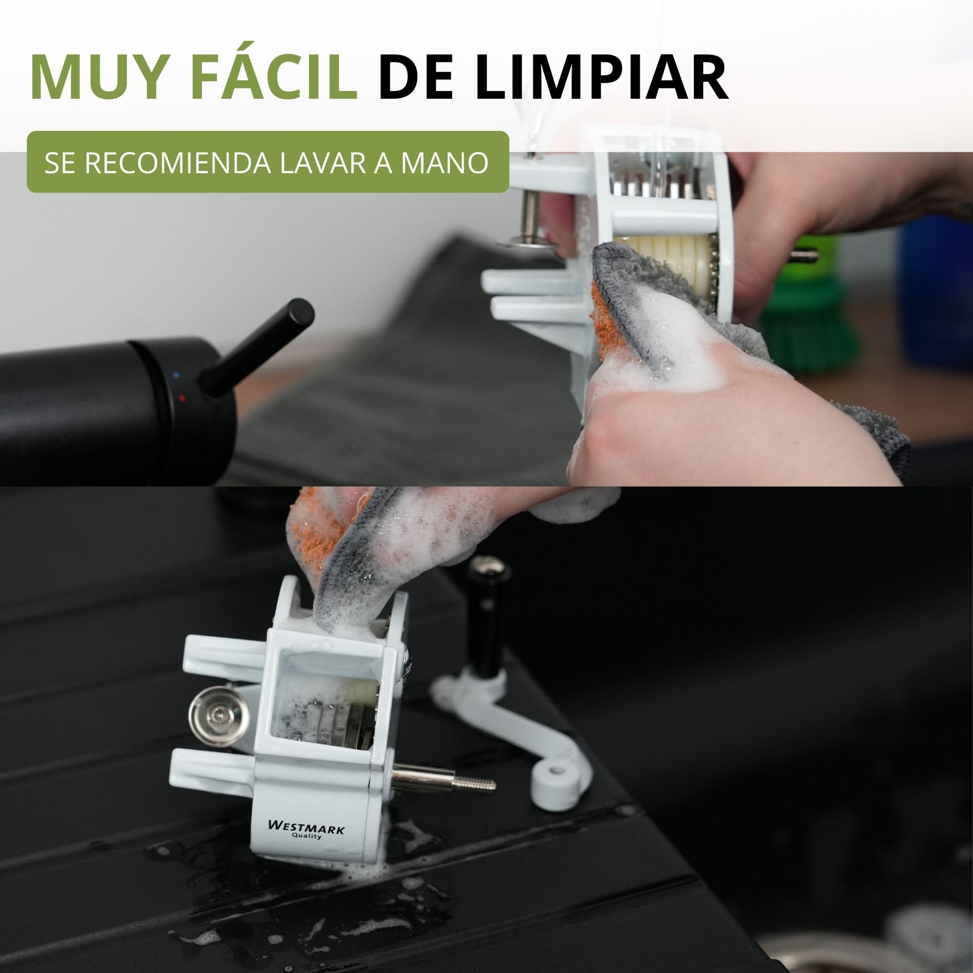 Westmark Mandolina para judías con gran abertura de corte y abrazadera de tornillo para el montaje en la mesa, Cuchillas de acero inoxidable/carcasa de acero, Blanco, 11862260
