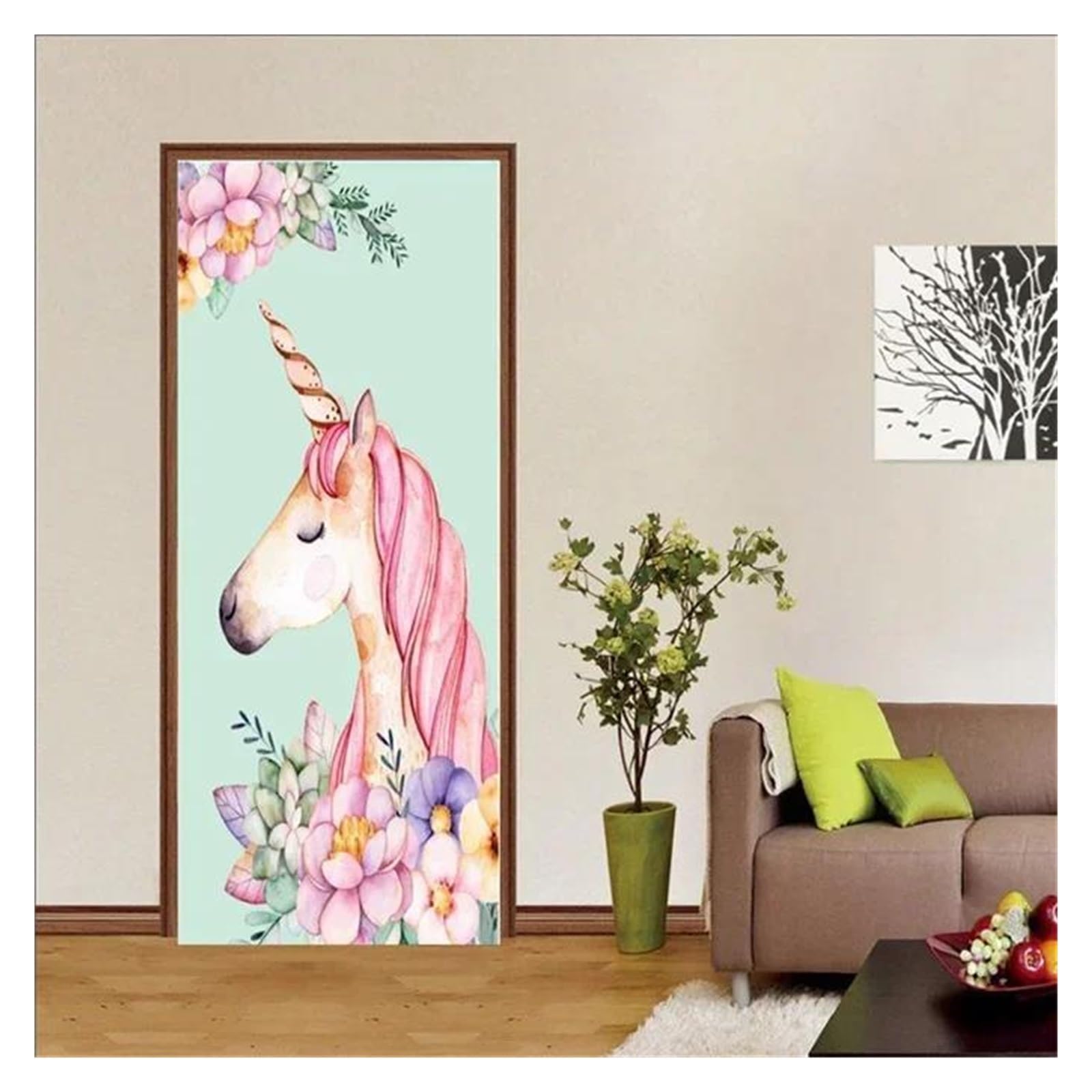 Sticker de porte licorne 3D | Papier peint animal et affiche murale auto-adhésive