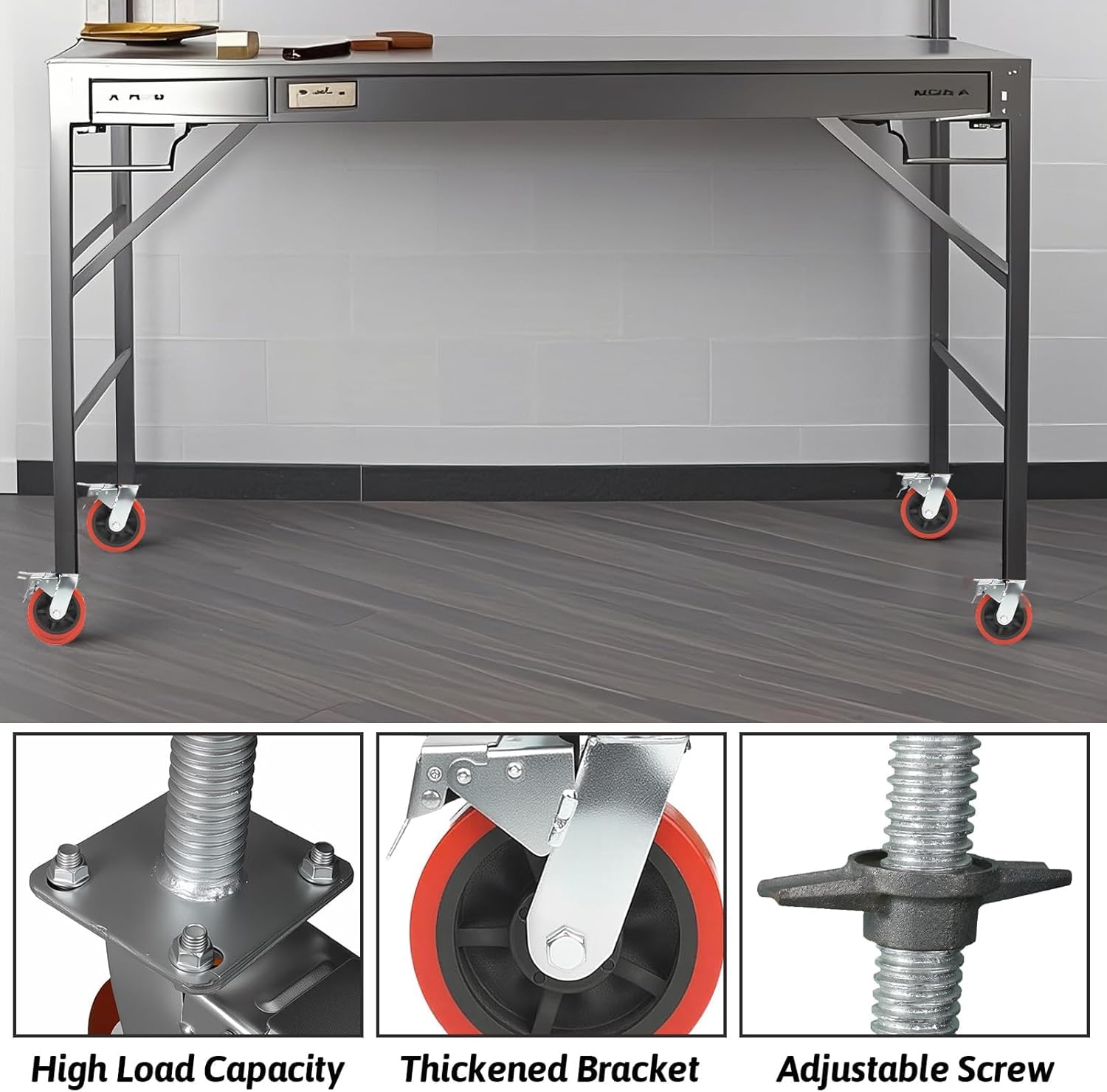 4 Pack 6" Adjustable Leveling Scaffolding Wheels, 1-1/5" OD Scaffold Screw with Brake, 13" Hight Adjustable, Heavy-Duty Scaffold Leveling Jacks