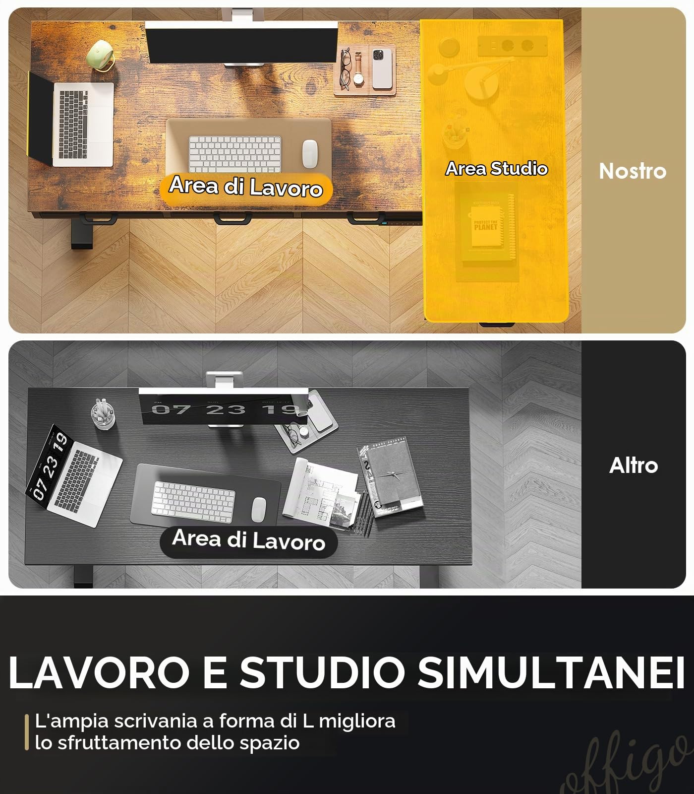 OffiGo Scrivania Angolo Regolabile in Altezza con Cassetti, 140cm, Marrone | Scrivania Angolare Regolabile con Presa per di ricarica USB, Standing Desk a L per Ufficio e Studio, porta Canalina Nascosta