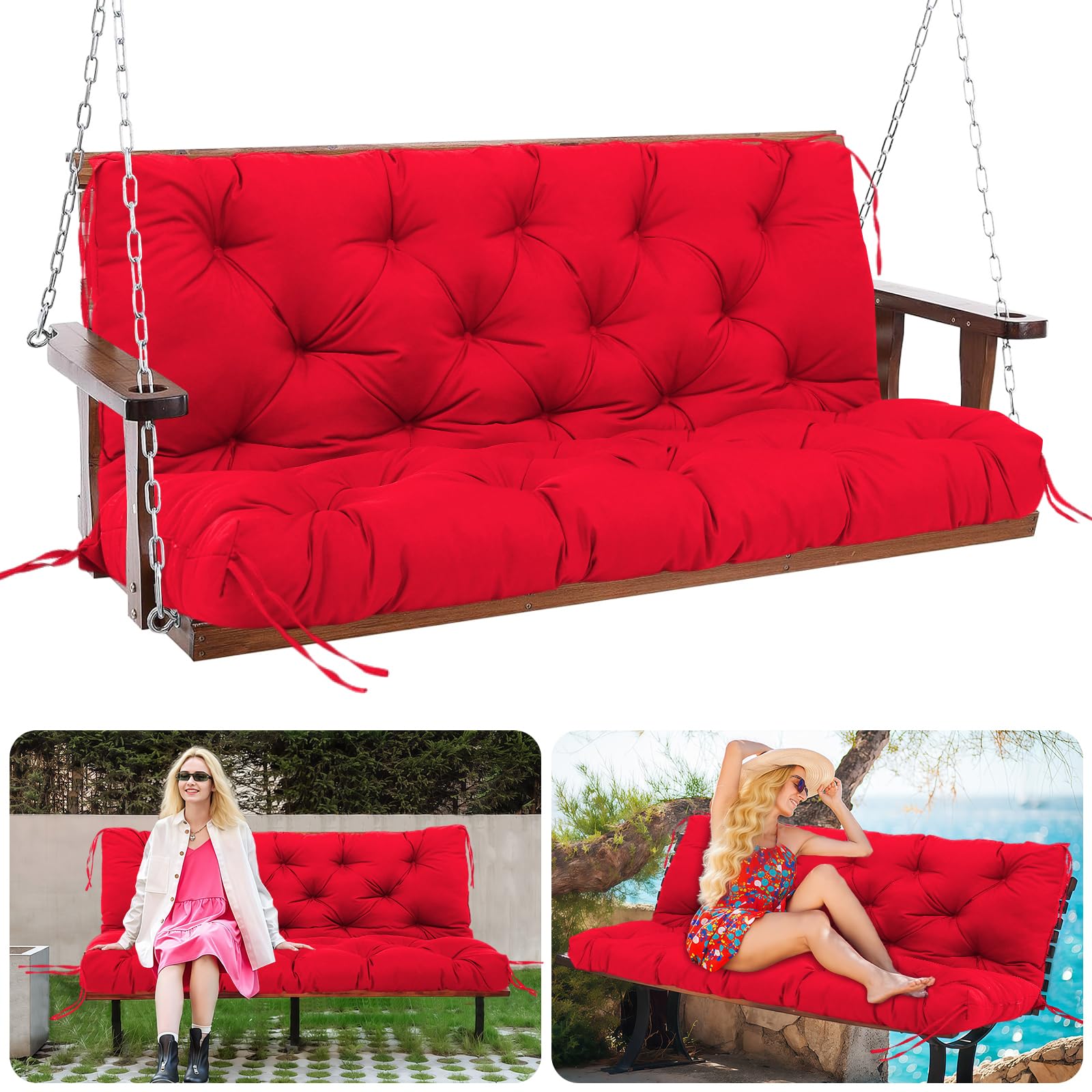 MQGHJ Garden Swing Cushions 3 Seater 150cm Outdoor Bench Cushions Waterproof Swing Seat Cushions with Backrest Replacement Outdoor Swing Cushions for Patio Porch(Red-150x100cm)
