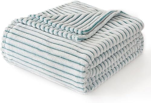 Miniatura 8 de EMME Manta de forro polar para sofá, color verde azulado, suave, afelpada, cálida y acogedora, de una sola capa, tacto 3D a rayas, perfecta para
