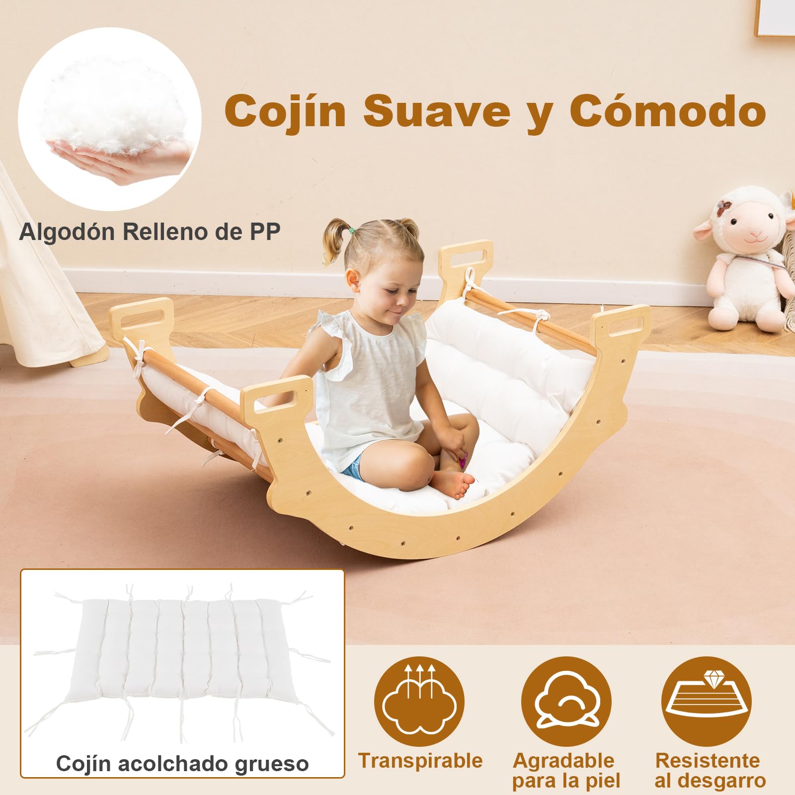 GOPLUS 3 en 1 Triángulo de Escalada para Niños, Arco de Escalada de Doble Cara con Cojín, Arco Montessori con Asideros Convenientes y Diseño Antivolteo, Carga 50KG, para Niños de 1+ Años (Natural)