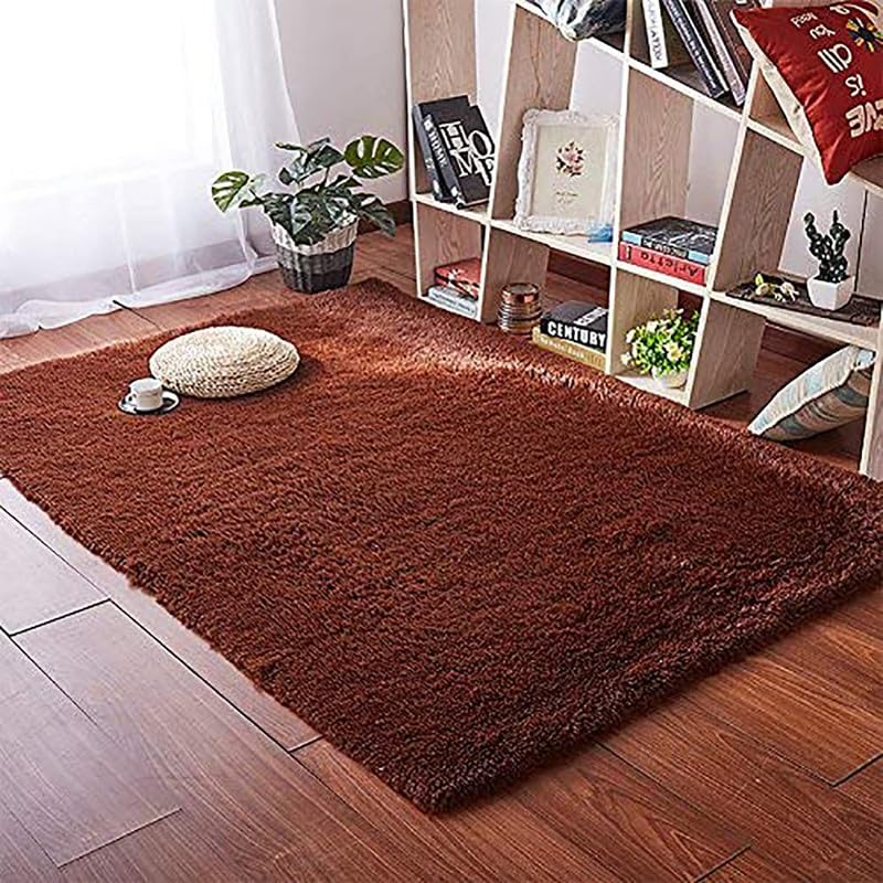 Image of A R Creations Anti Slip Fluffy Fur Plain Area Rug Made with Polyester and Microfiber for Home Office Kitchen Living Room Bedroom and DiningHall Size (3X6 Feet Brown)