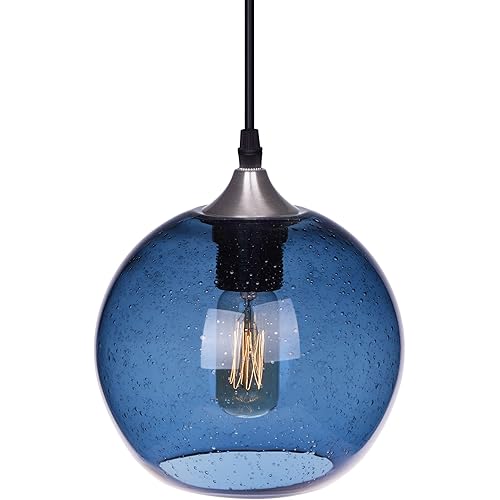 ARIAMOTION Pendant Lights Kitchen Island Hand Blown Glass Modern Light Fixtures Ceiling Hanging Blue Globe Seeded Bubbles Brushed Nickel 7.4 Inch Diam