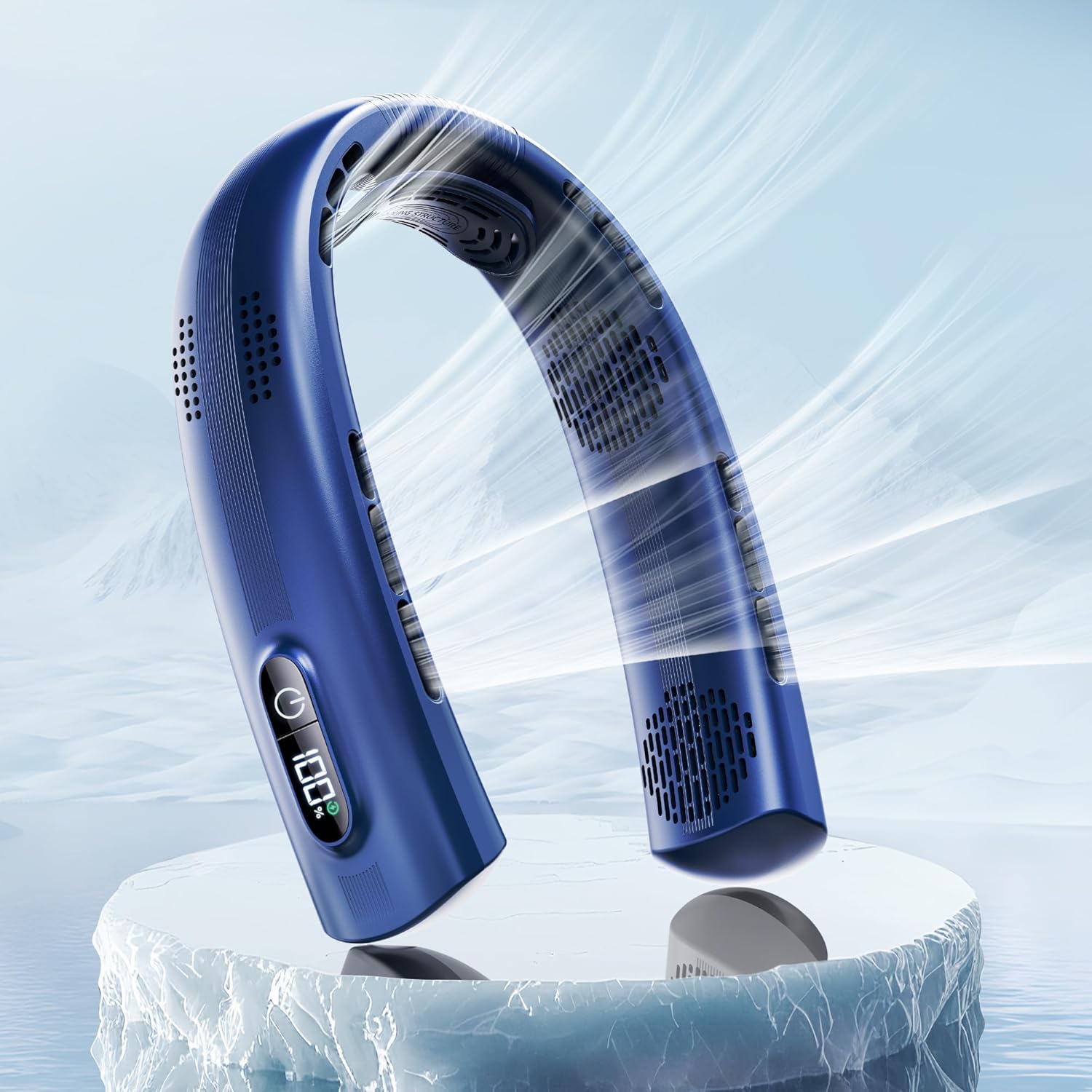Portable Neck Fan - 4 Turbines Neck Fan Rechargeable 7000mAh, Cooling Neck Fan with Necksupport, Bladeless Personal Fan with LED Display, Quiet 360° Airflow for Hot Flashes, Travel Sapphire Blue