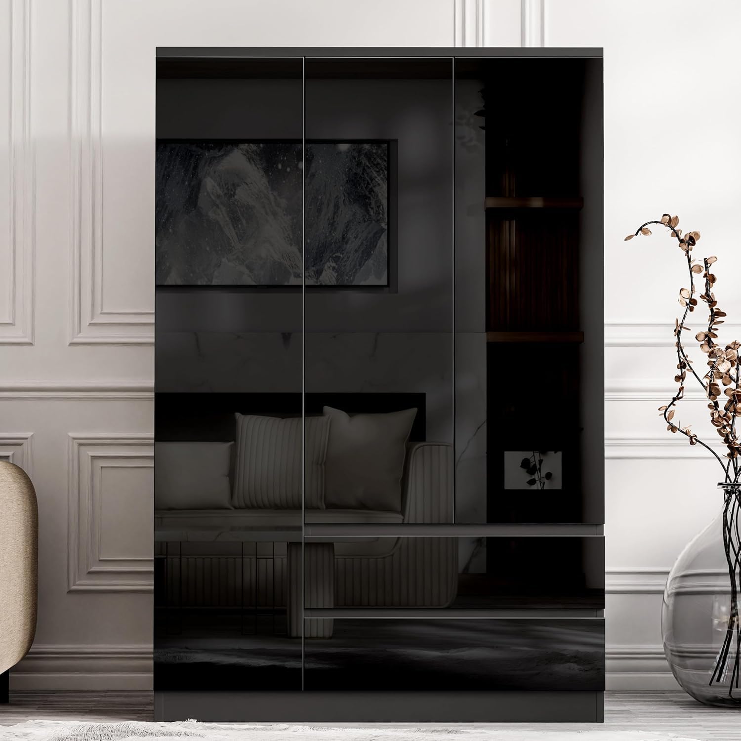 Blisswood High Gloss 3 Door Wardrobe Black With Shelf & 2 Drawer Storage and Hanging Rail, MDF Wooden Double Wardrobe Large Cupboard Bedroom Storage Furniture For Bedroom