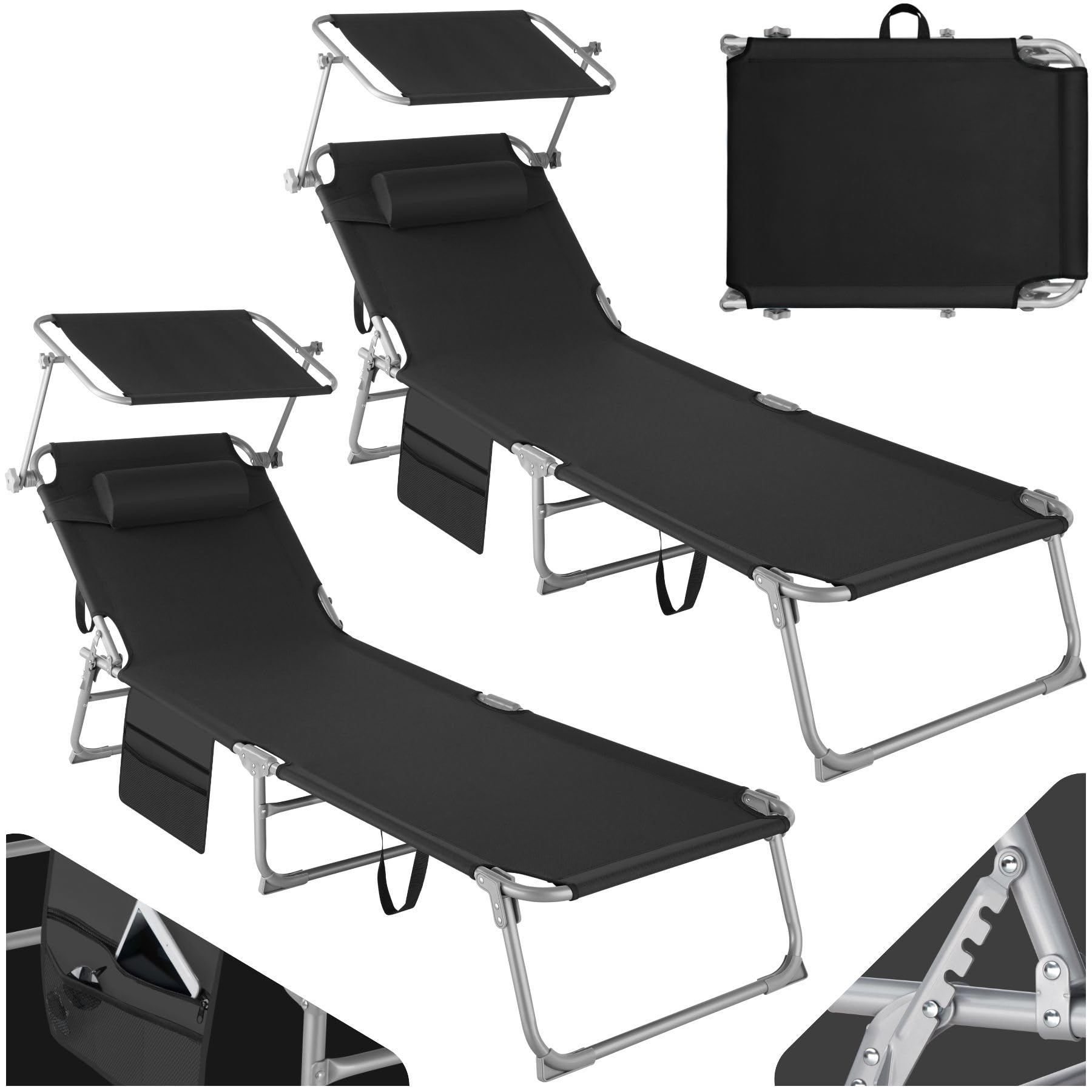 TecTake® Set de 2X Tumbonas Jardín Exterior, Tumbonas Plegables con Reposacabezas, Parasol y Bolsillo Lateral, Tumbonas Playa Reclinables 4 Posiciones, Tumbona Piscina Resistente a Intemperie - Negro