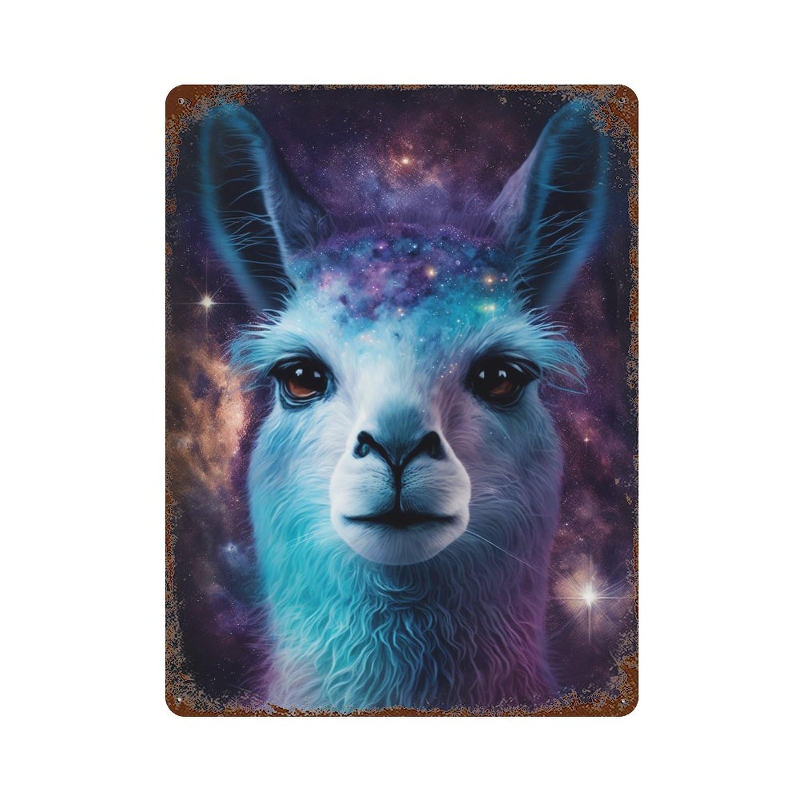 Rust Effect Cosmic Llama Portrait Print Retro Metal Sign 15.7"x11.8", Novelty Wall Decor for Bistro, Counter And Cafe Decor