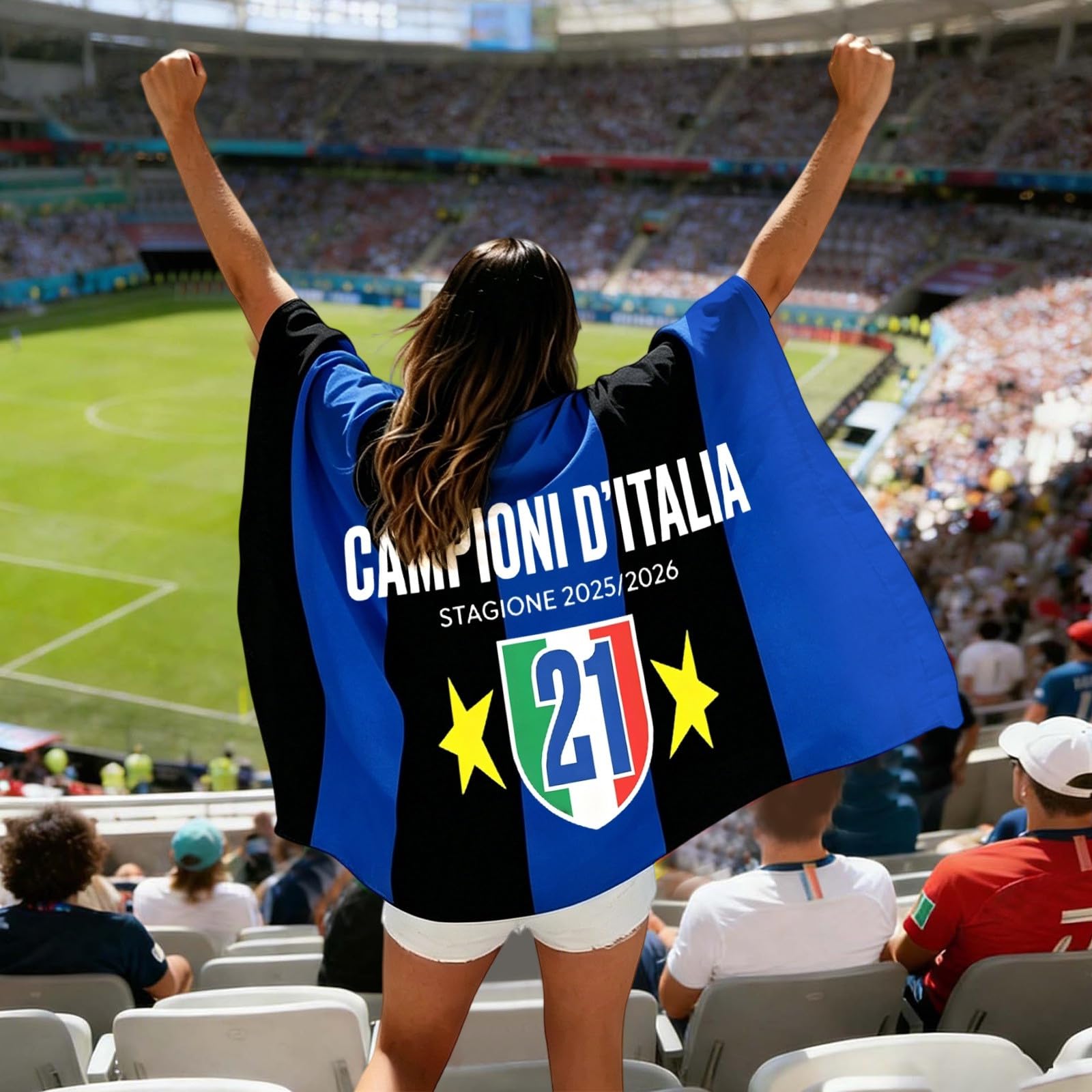 Bandiera 21 Scudetto Nero Azzurra, Scialle Stendardo Campioni d'Italia 2025/26, Sciarpa Coperta per Tifosi, Dimensione 90x150 cm, Decorazione Stadio e Accessorio per Partite