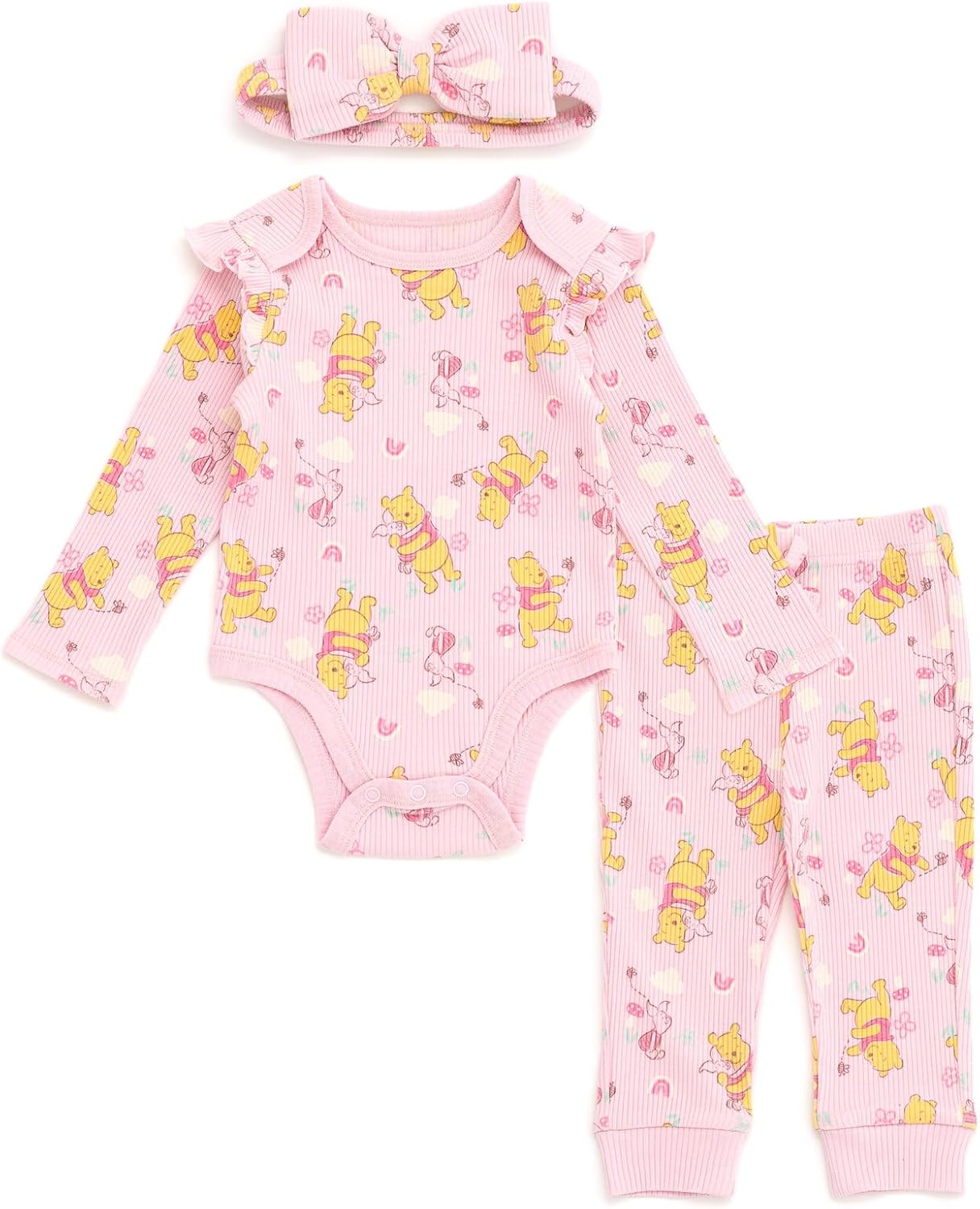 Disney Baby Girls Ribbed Bodysuit, Jogger Pants & Headband 3 Piece Outfit Set Newborn to Infant Sizes (Newborn - 24 Months)