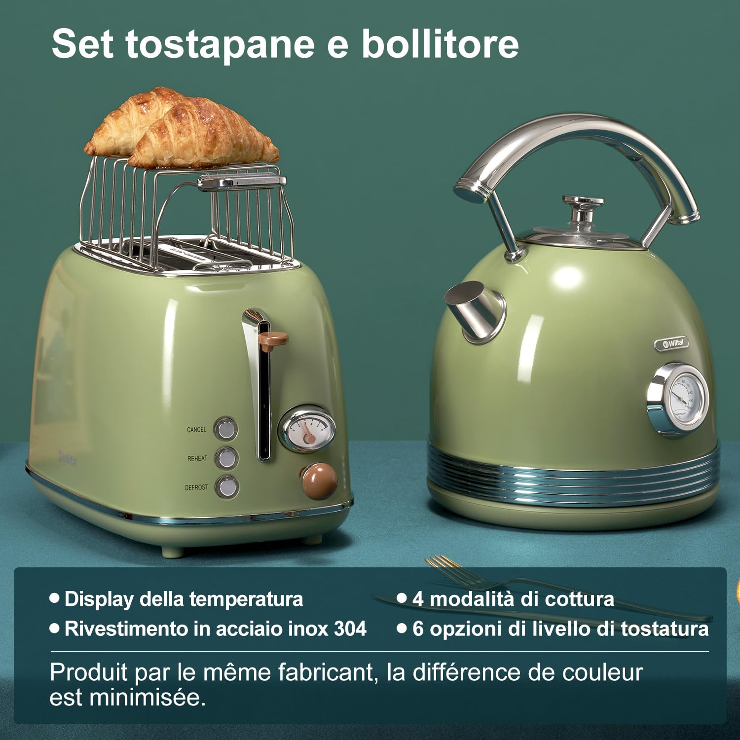Wiltal Set di bollitore per tostapane per la colazione, bollitore in acciaio inox, 2200 W, riscaldamento rapido, tostapane con inserto per panini per riscaldare tutti i tipi di pane, verde retrò…