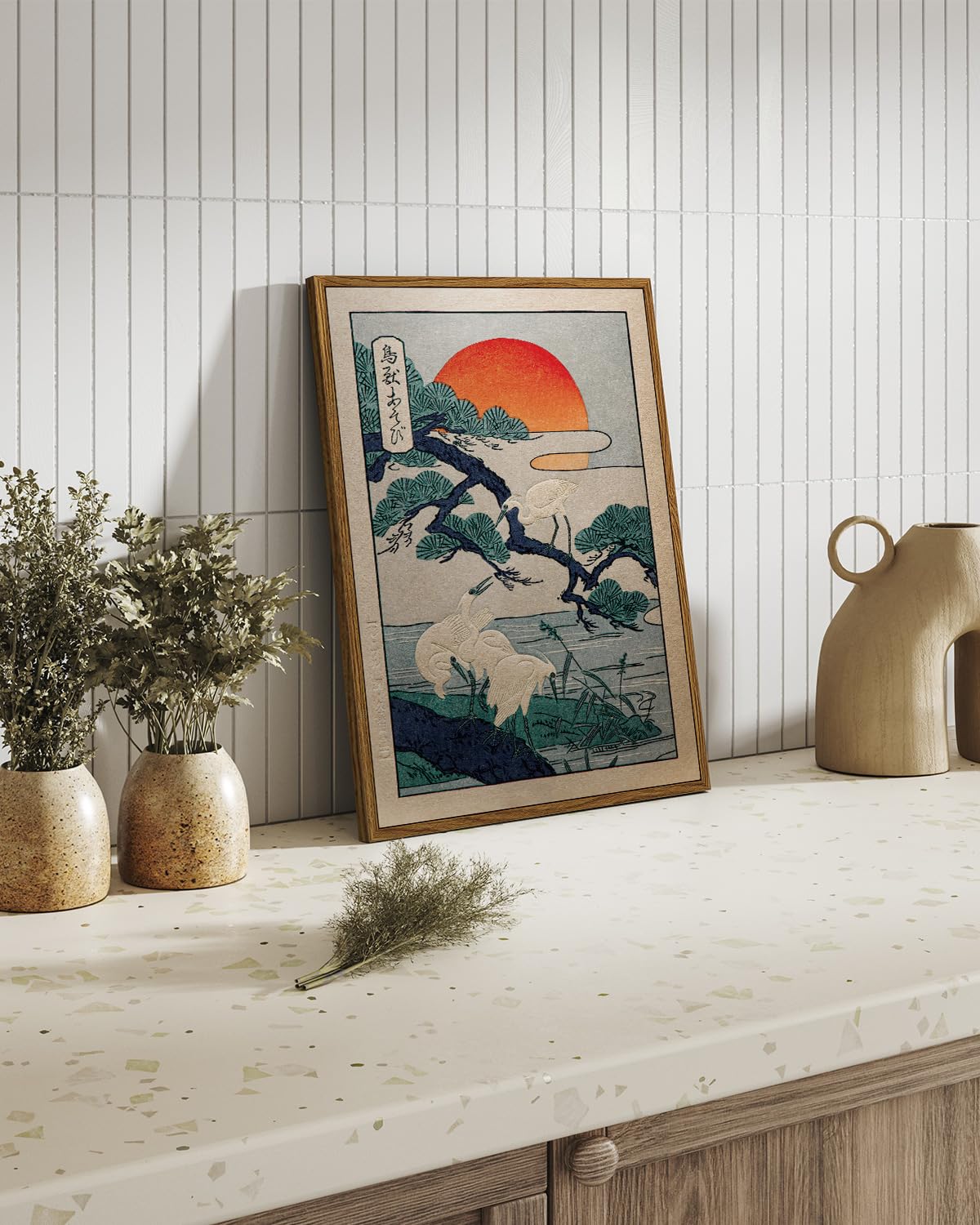 ARPEOTCY Framed Wall Art, Vintage Japanese Crane and Sunset Painting Print, Retro Canvas Wall Art Decor for Living Room, Bedroom, Office, Japanese Traditional Nature Home Decor Aesthetic(30x40 CM) — view 5