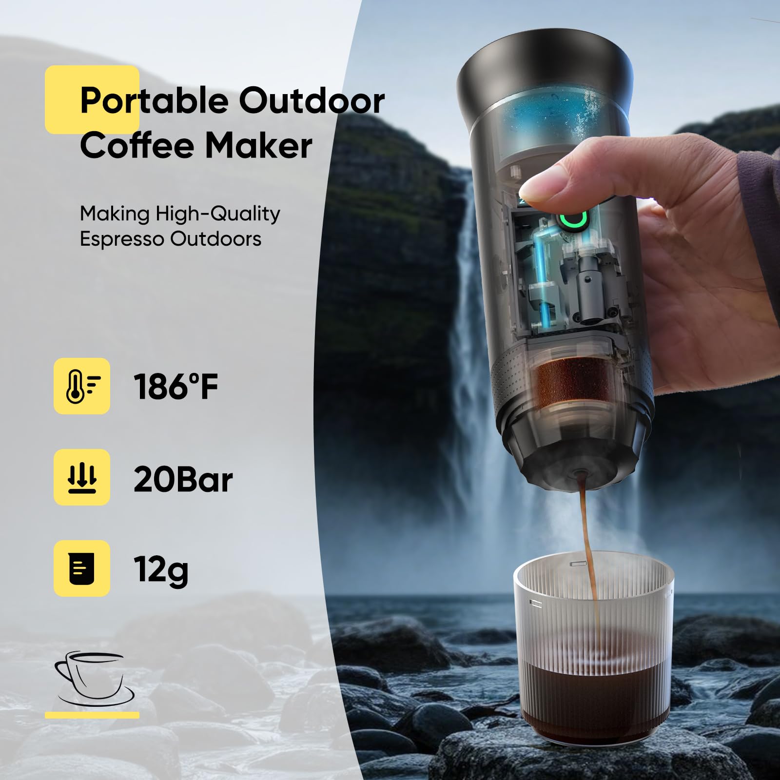 Máquina de café expreso portátil, cafetera de viaje para camping, cafetera autocalentable con USB-C, compatible con café molido y cápsulas NS, cafetera espresso portátil para RV, hogar, senderismo