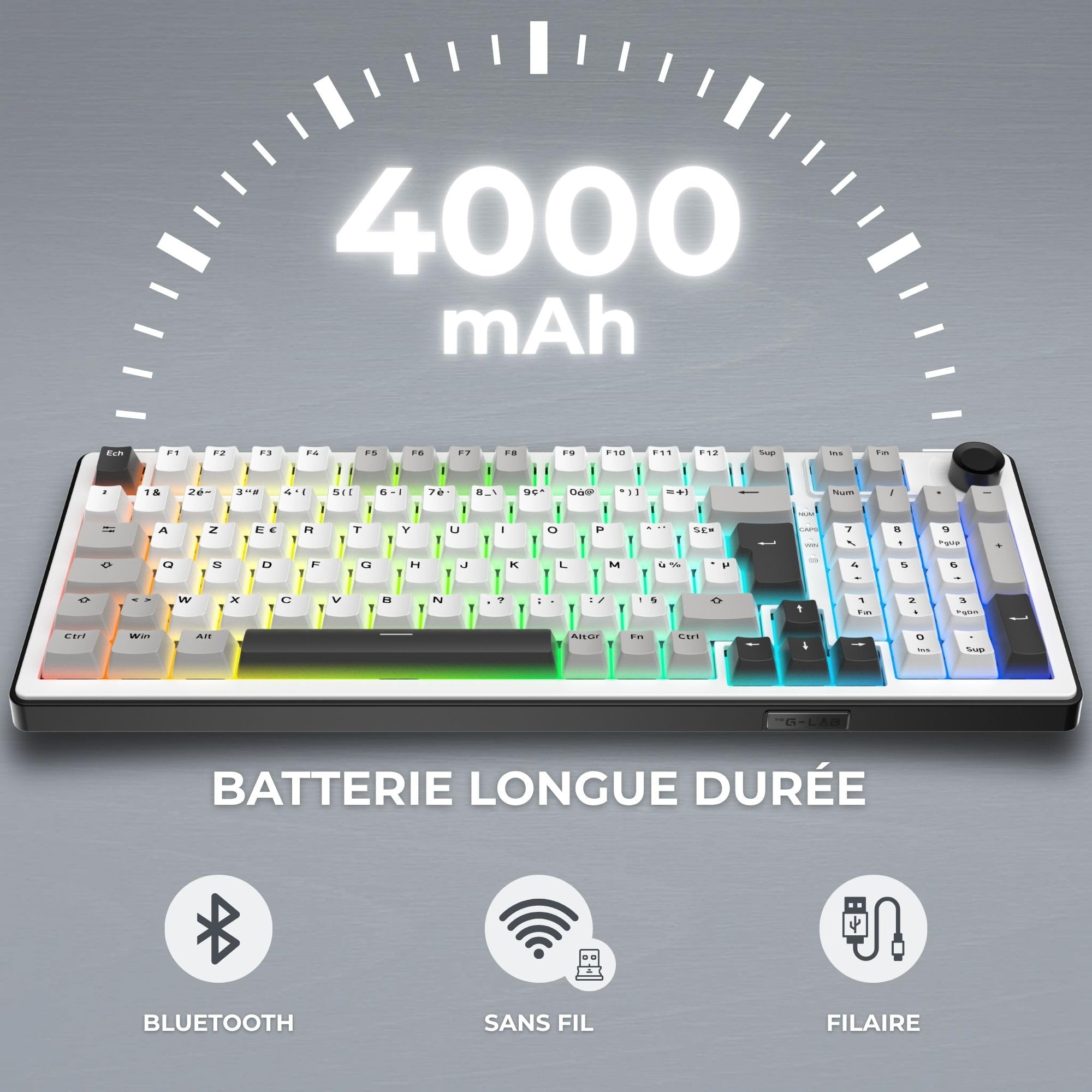 The G-Lab - KEYZ ELITE 400 WG - Bezprzewodowa Klawiatura Gamingowa - Układ AZERTY FR - Mechaniczna Klawiatura z Hot-Swappable Switches, 5-Layer Gasket, Tri-Mode 2.4G/BT/Kabel, RGB i Makra, Win/Mac