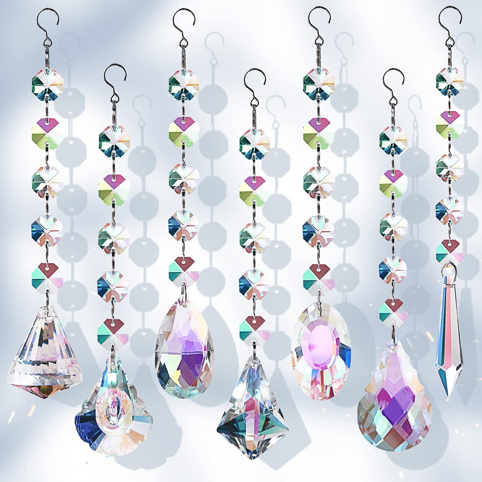 KASTWAVE Sun Catchers with Crystals, 7 Pcs Hanging Crystals Suncatchers for Windows, Colored Crystals Prisms Glass Pendant Suncatchers Beads for Chandeliers, Garden, Tree Decoration