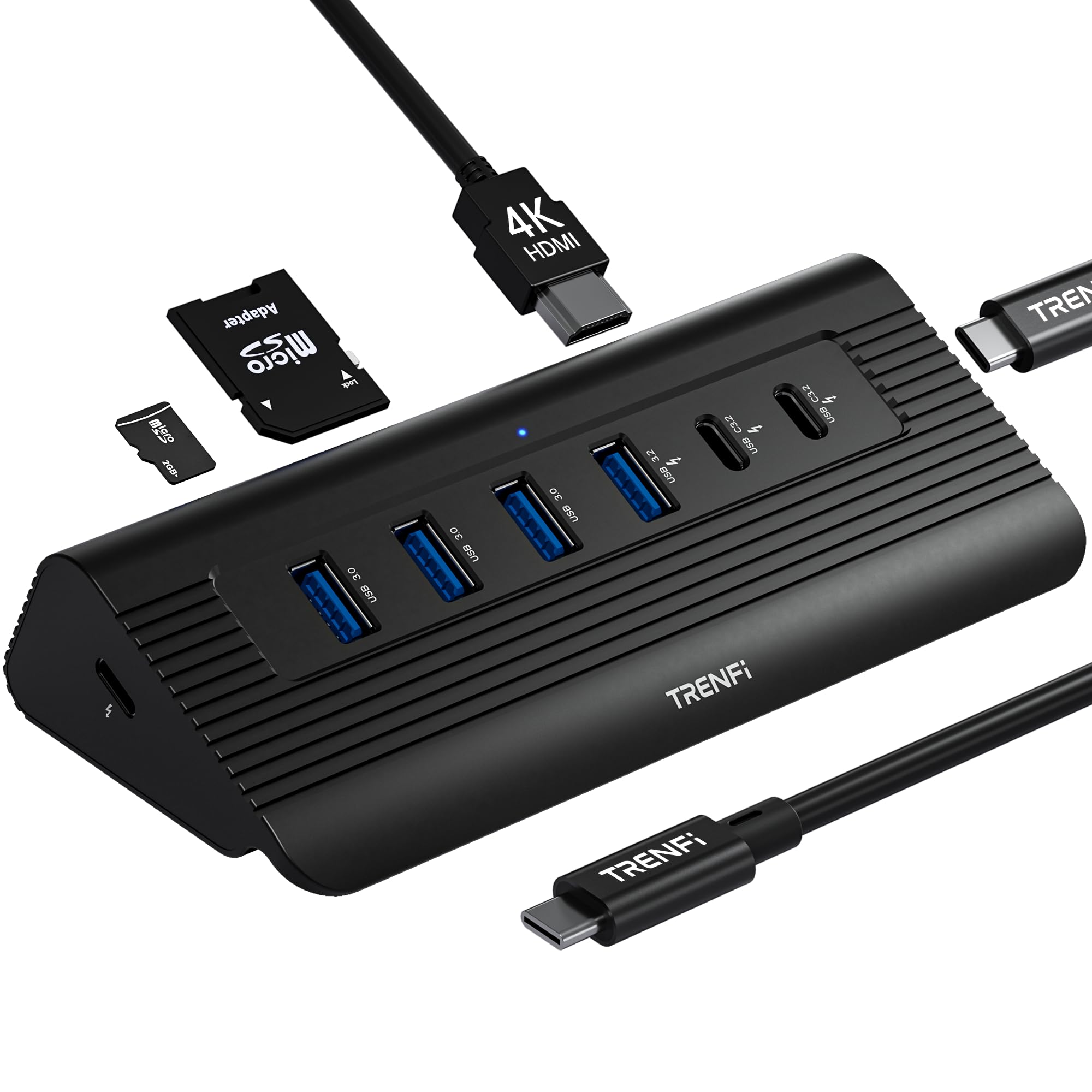 Hub USB-C 10 en 1 avec transfert de données 10 Gbit/s, alimentation 100 W, HDMI 4K 60 Hz, lecteur de carte SD/TF, 7 ports USB, gris, 13,2 x 5,1 x 0,9 cm (minuit)