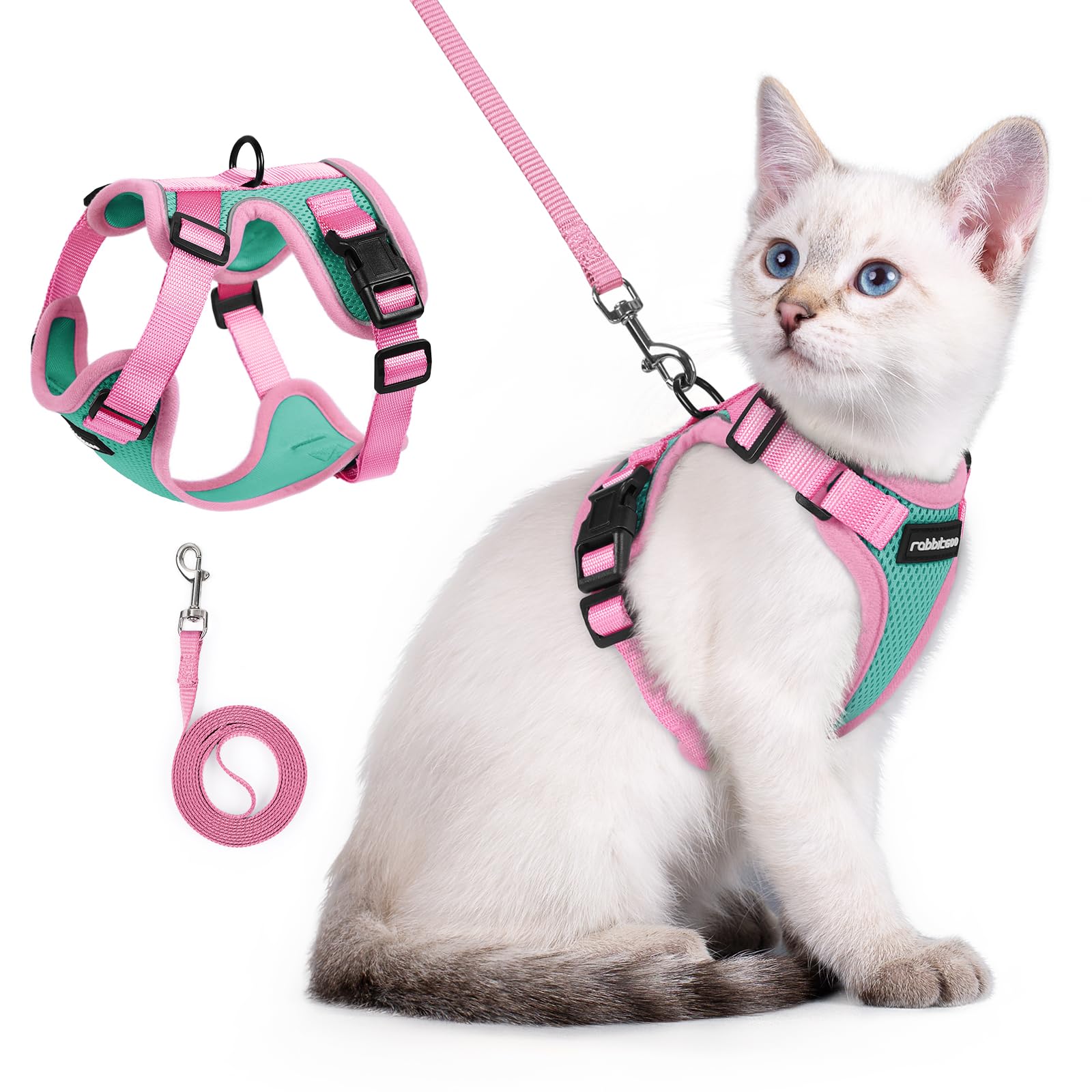 rabbitgoo Cat Harness and Leash Set, Escape Proof, Green &amp; Pink