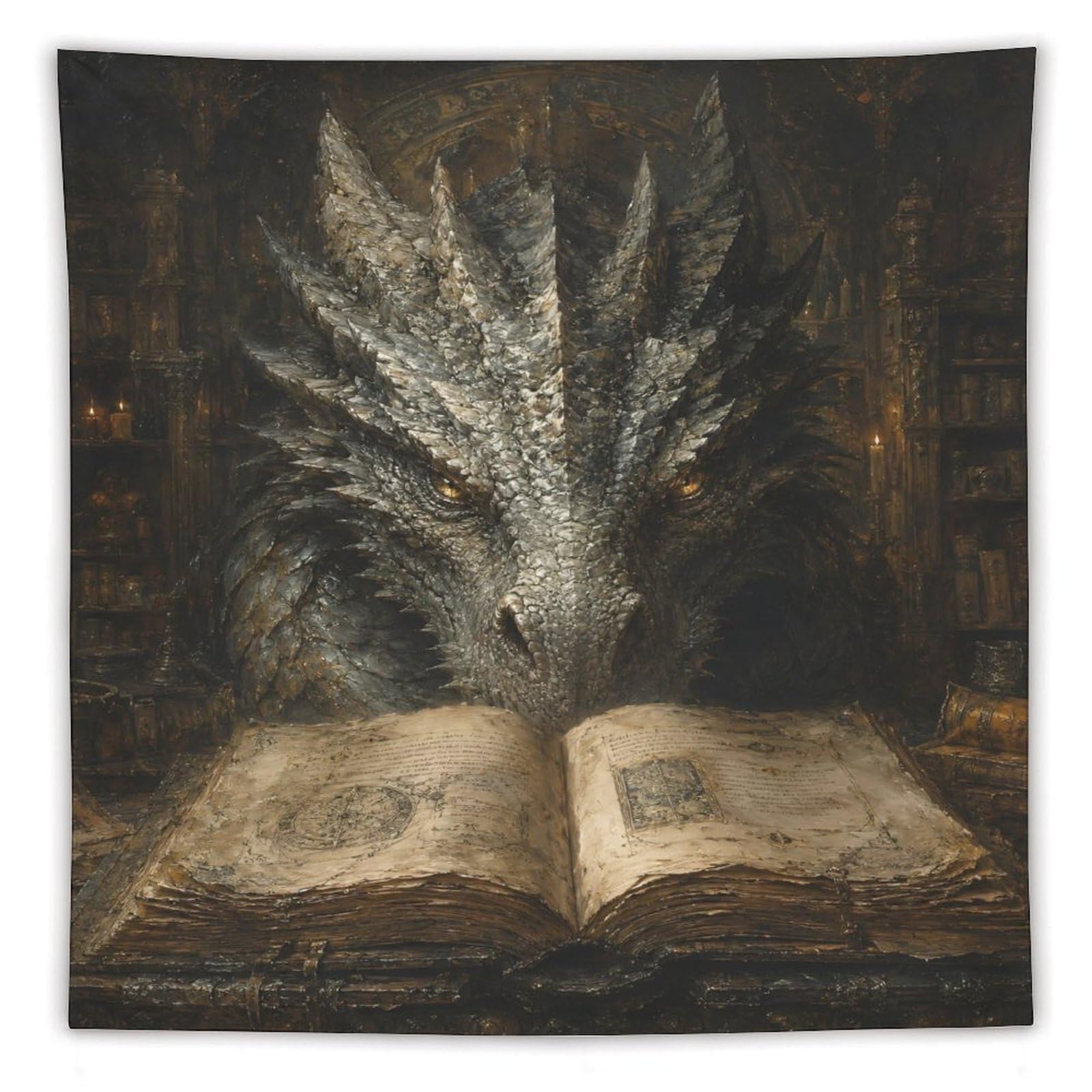 H3B8U2Y5 Dark Dragon Magic Book Wall Tapestry, Surrealist, Fantasy Legend