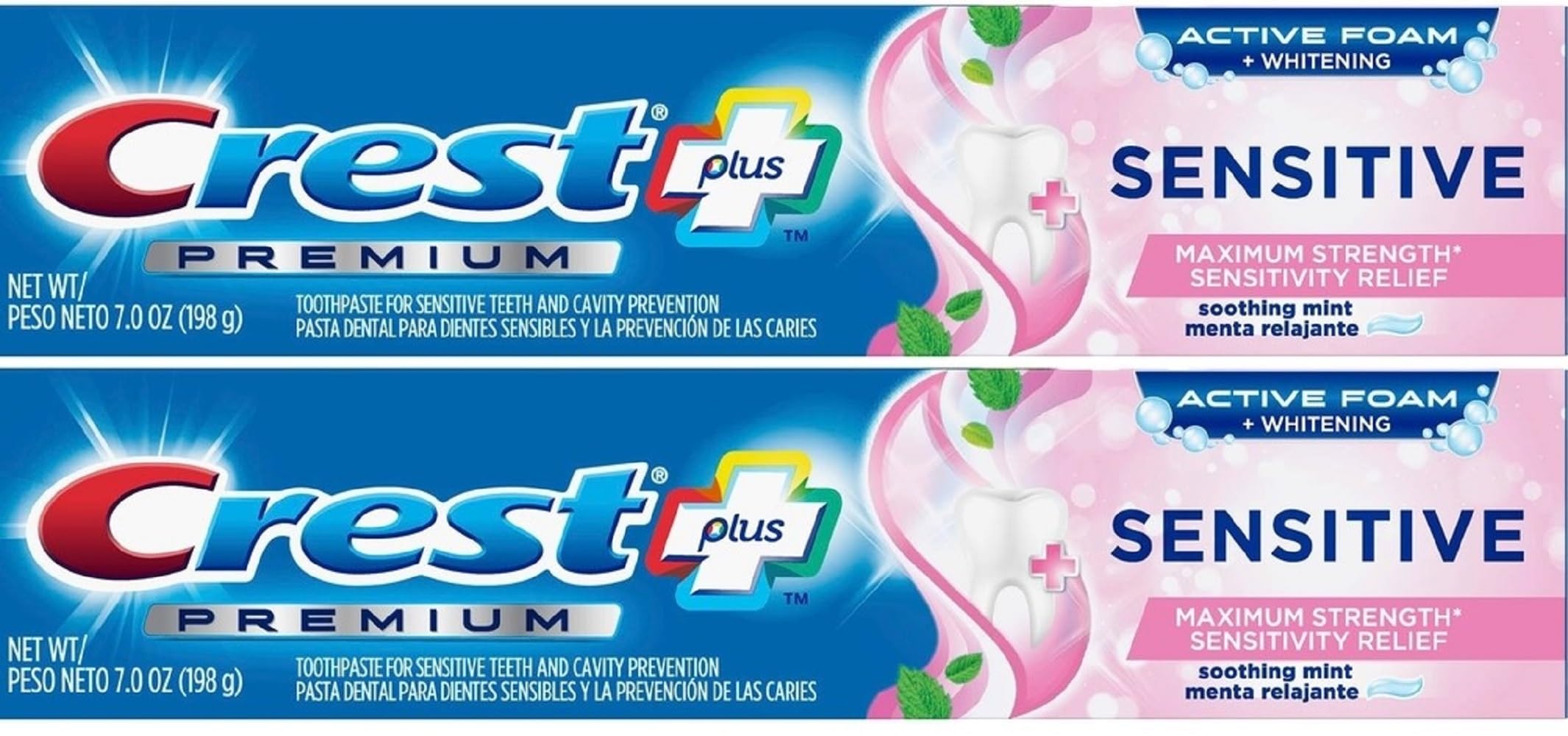 Crest Premium Plus Sensitive Toothpaste with Active Foam Whitening, Soothing Mint Flavor, 7oz (Pack of 2)